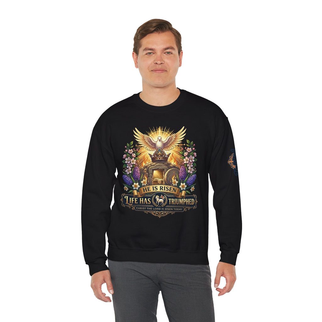 He Is Risen "Life Has Triumphed" Sweatshirt — Easter Resurrection Christian Sweatshirt Printify