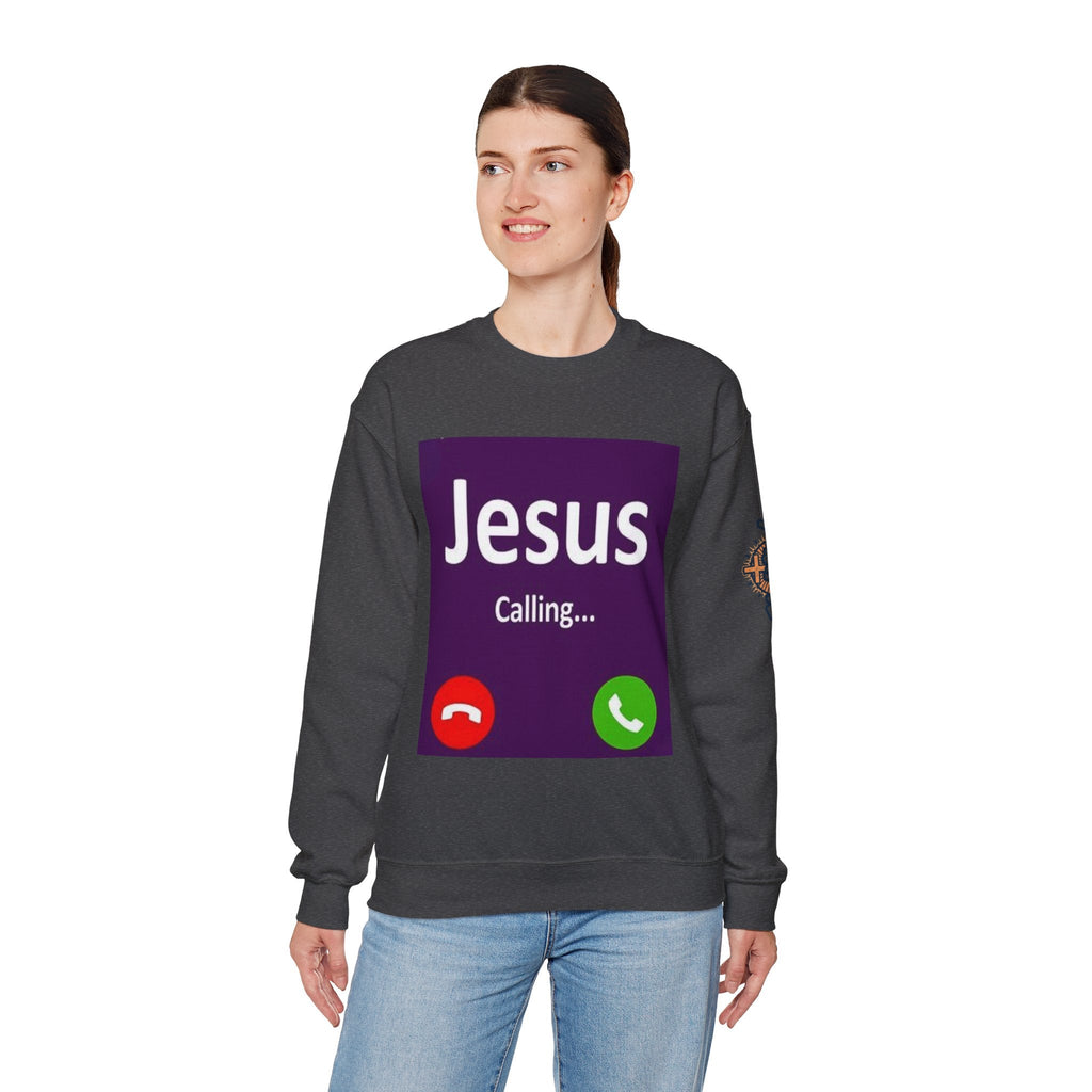 Jesus Calling Sweatshirt – Funny Cell Phone Screen Christian Sweatshirt for Divine Connection & Faith Humor Printify