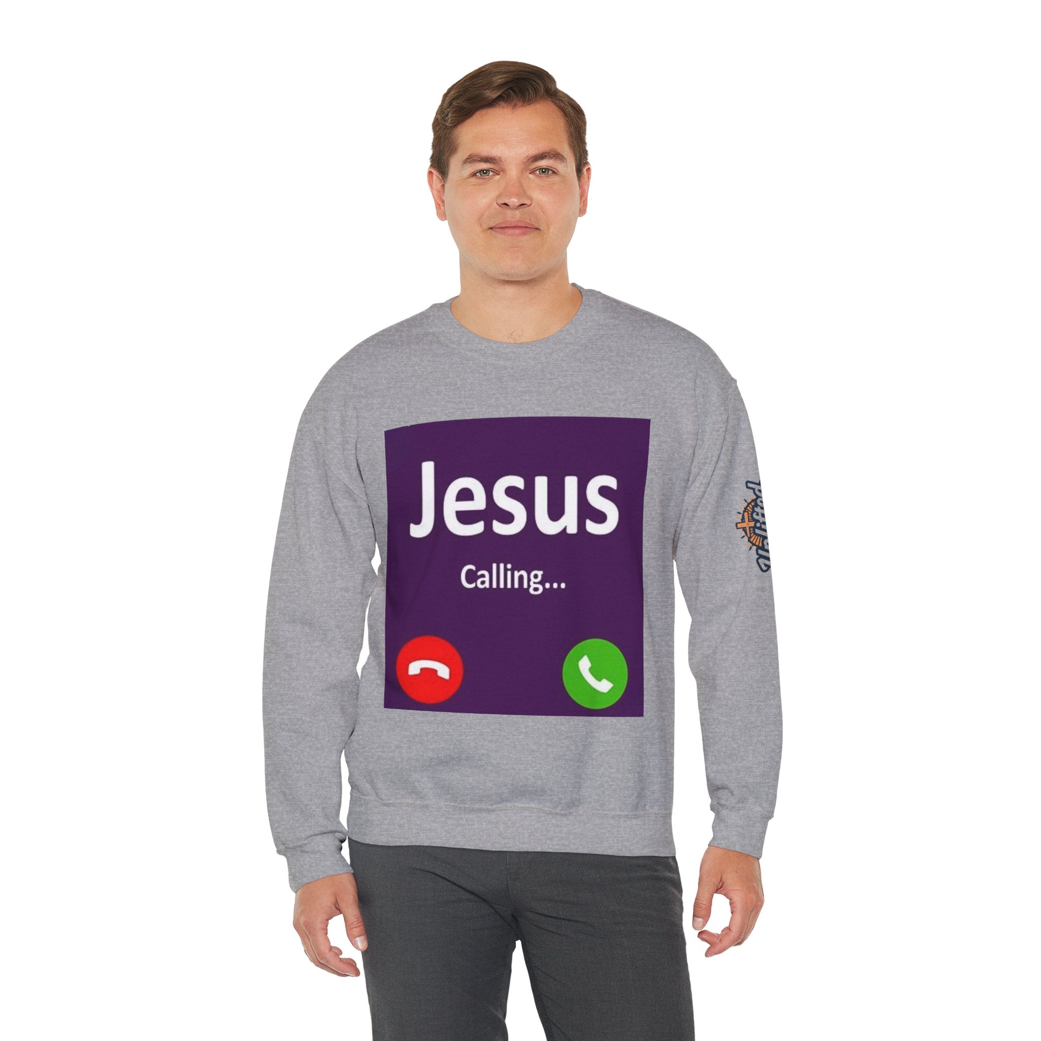 Jesus Calling Sweatshirt – Funny Cell Phone Screen Christian Sweatshirt for Divine Connection & Faith Humor Printify