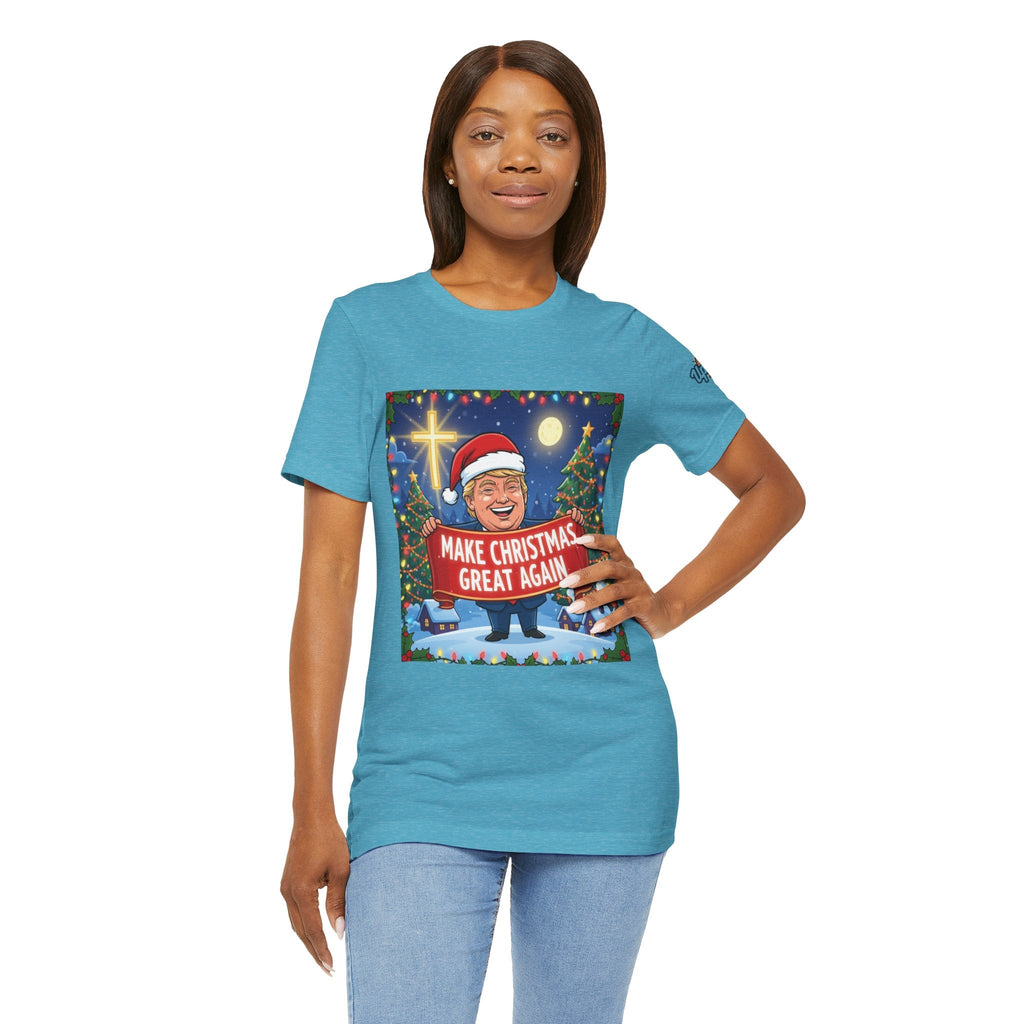 🎄 Make Christmas Great Again – Patriotic Christian Christmas T-Shirt | Bold Holiday Faith Tee | Red & White Banner Design | Uplifted Gear Printify