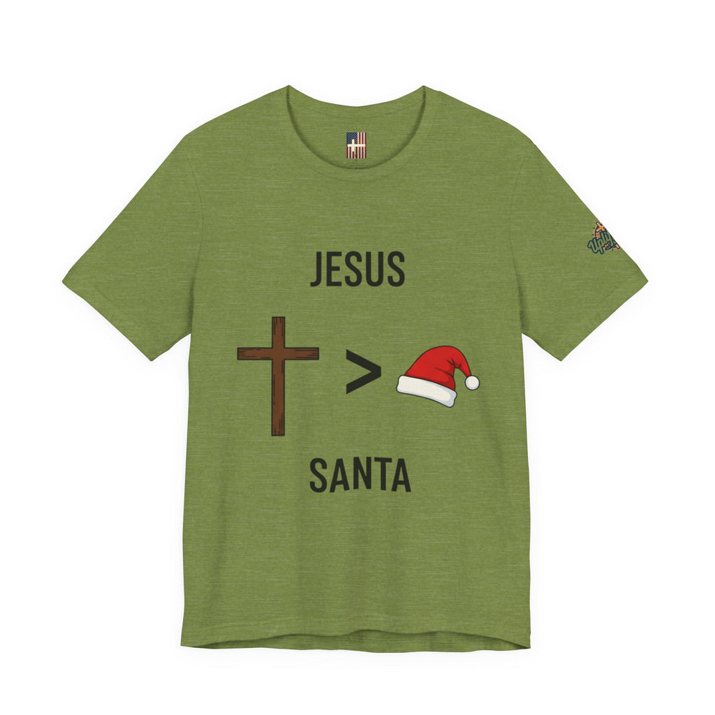 🎄 Jesus > Santa – Minimalist Christian Christmas T-Shirt | Bold Faith Over Holiday Tee | Cross vs Santa Hat Design | Uplifted Gear Printify