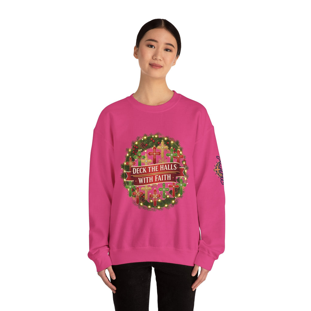 🎄 Deck the Halls with Faith – Christian Christmas Sweatshirt | Cross Ornament Design & Festive Garland | Bold Holiday Faith Tee by Uplifted Gear Printify
