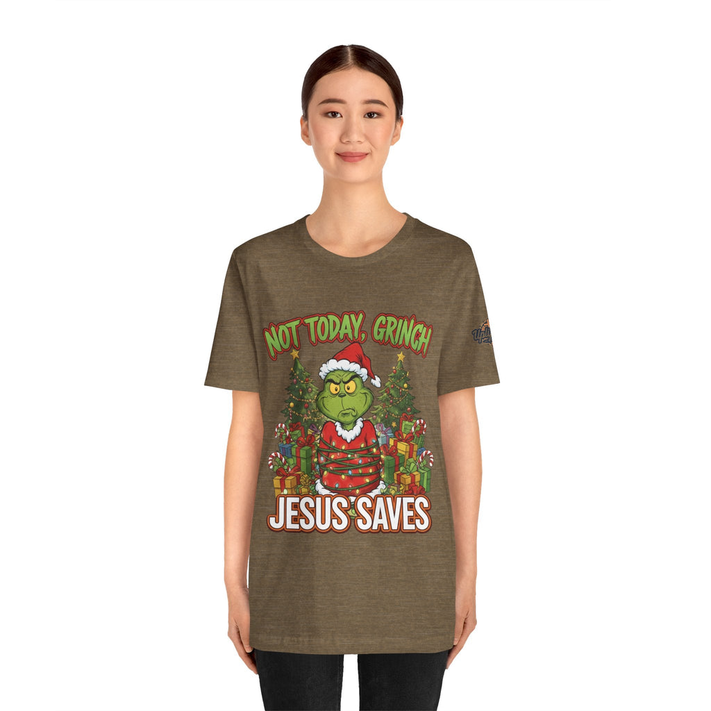 🎄 Not Today, Grinch – Jesus Saves | Funny Christian Christmas T-Shirt | Sulking Grinch & Glowing Cross | Bold Neon Faith Tee by Uplifted Gear Printify
