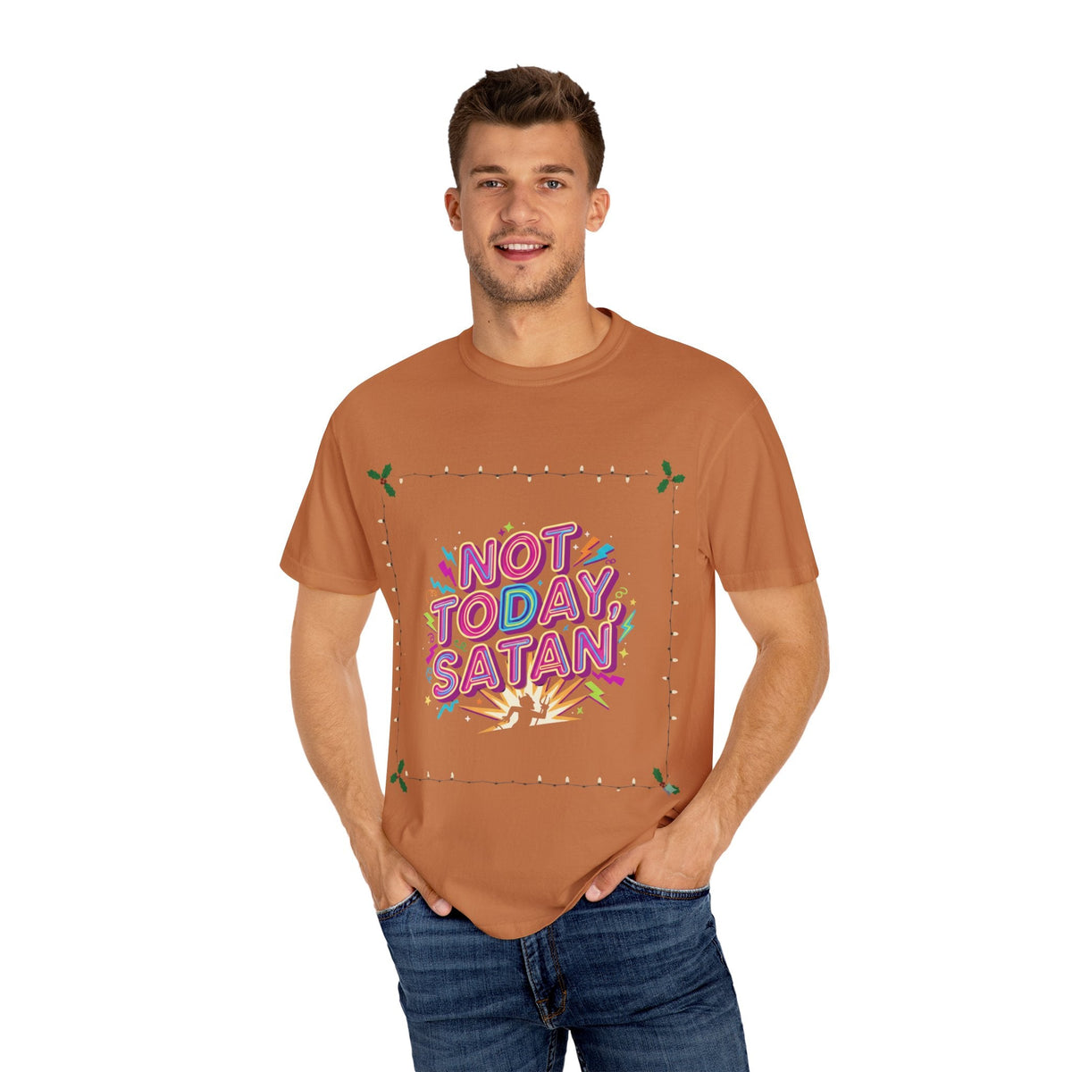 🔥 Not Today, Satan – Retro 90s Christian T-Shirt | Neon Faith Tee | Funky Cartoon Devil | Bold Bible Verse Shirt | Uplifted Gear Printify
