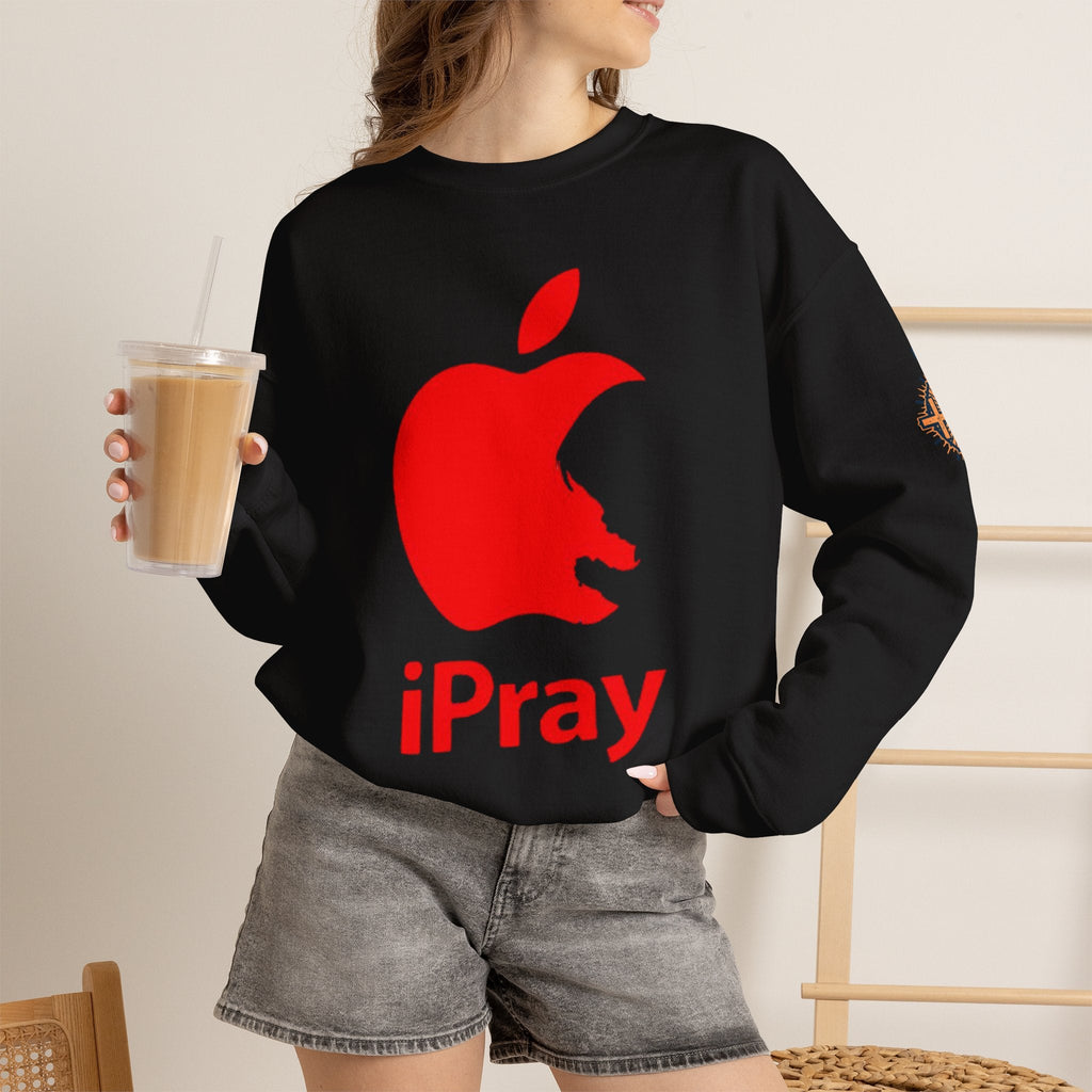 iPray Apple Logo Sweatshirt — Funny Christian Sweatshirt (Minimal Red Apple Graphic) Printify
