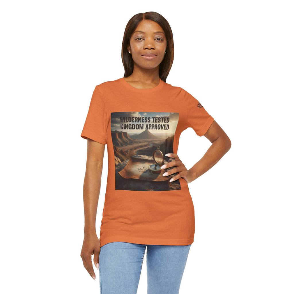 Wilderness Tested Kingdom Approved T-shirt – Mountain Desert Compass Crown Christian T-shirt for Biblical Adventure Faith Printify