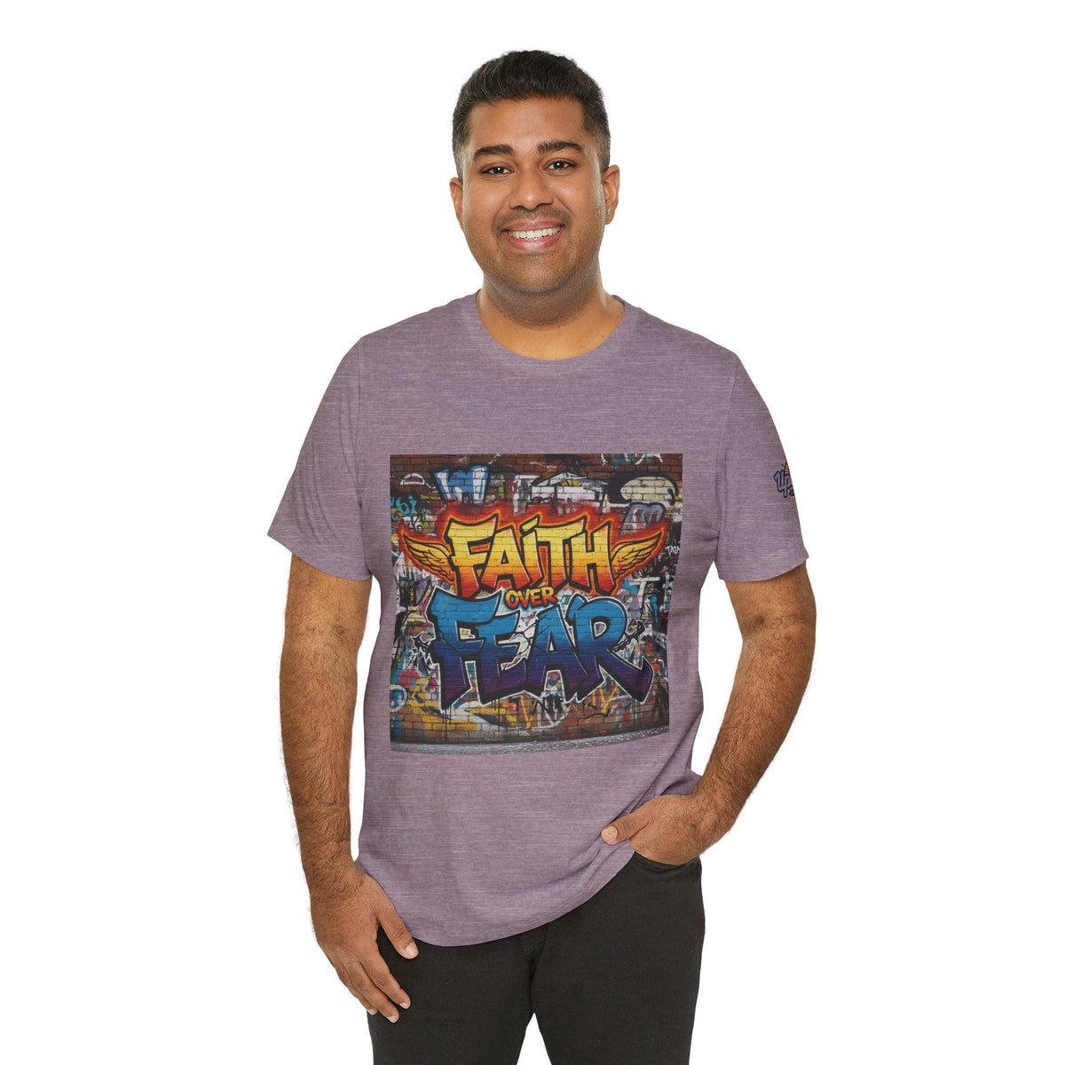 Faith Over Fear T-shirt – Graffiti Wall Christian T-shirt for Bold 2 Corinthians 5:7 Streetwear & Unshakable Faith Printify