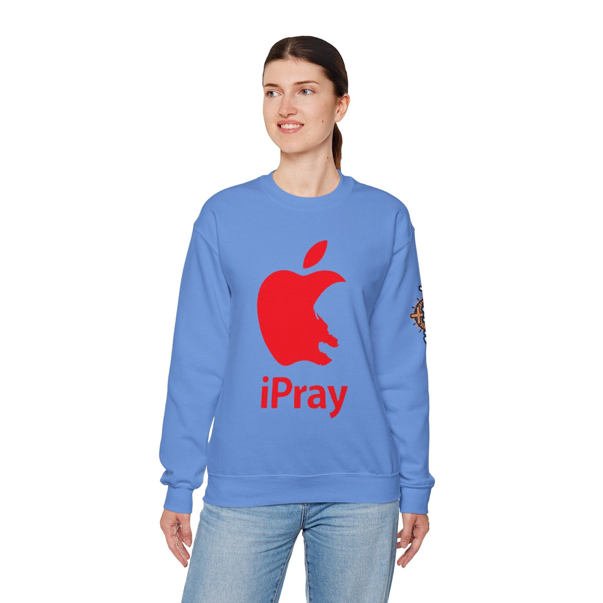 iPray Apple Logo Sweatshirt — Funny Christian Sweatshirt (Minimal Red Apple Graphic) Printify