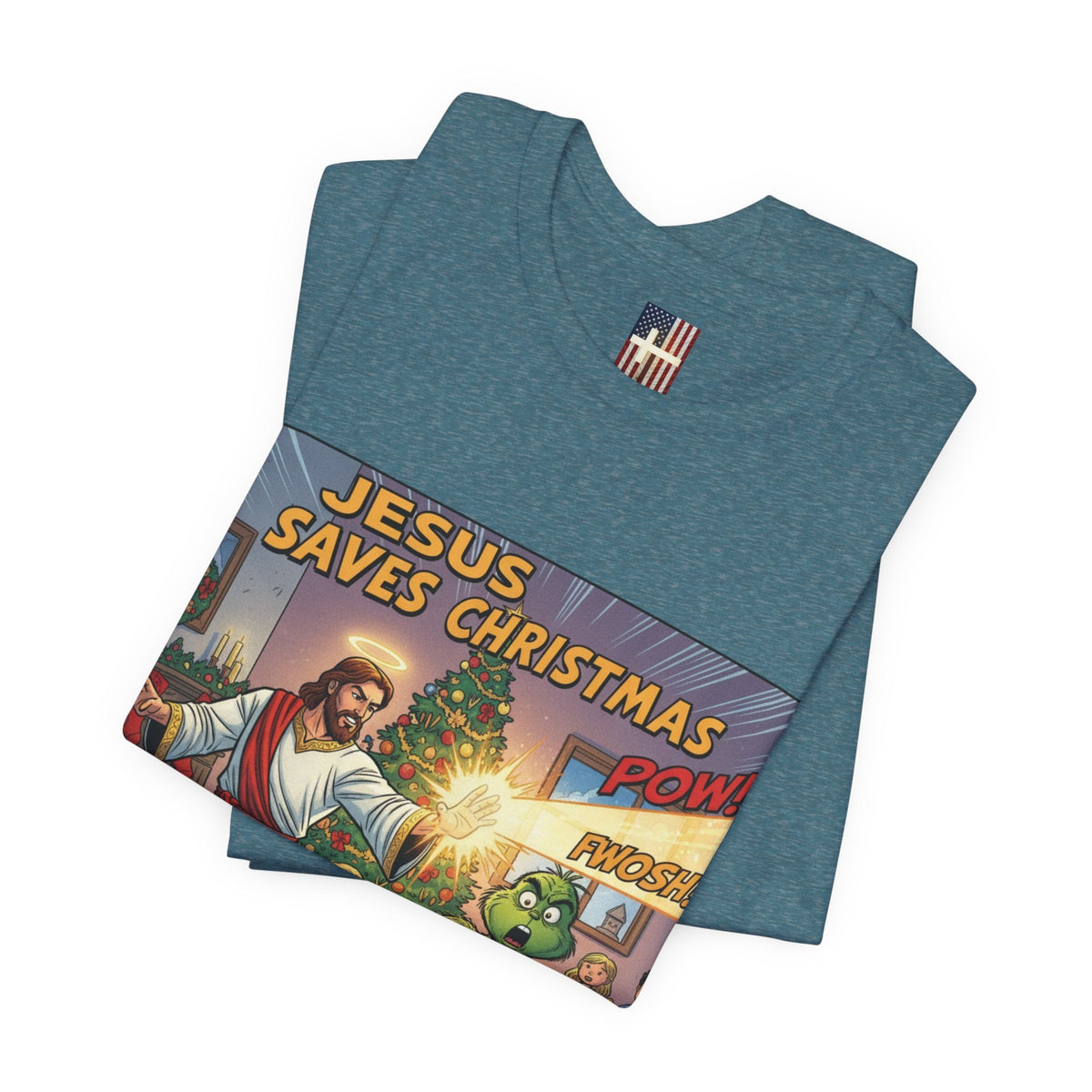 Jesus Saves Christmas T-shirt – Grinch vs Savior Light Battle Christian T-shirt for Hilarious Holiday Faith & True Joy Printify