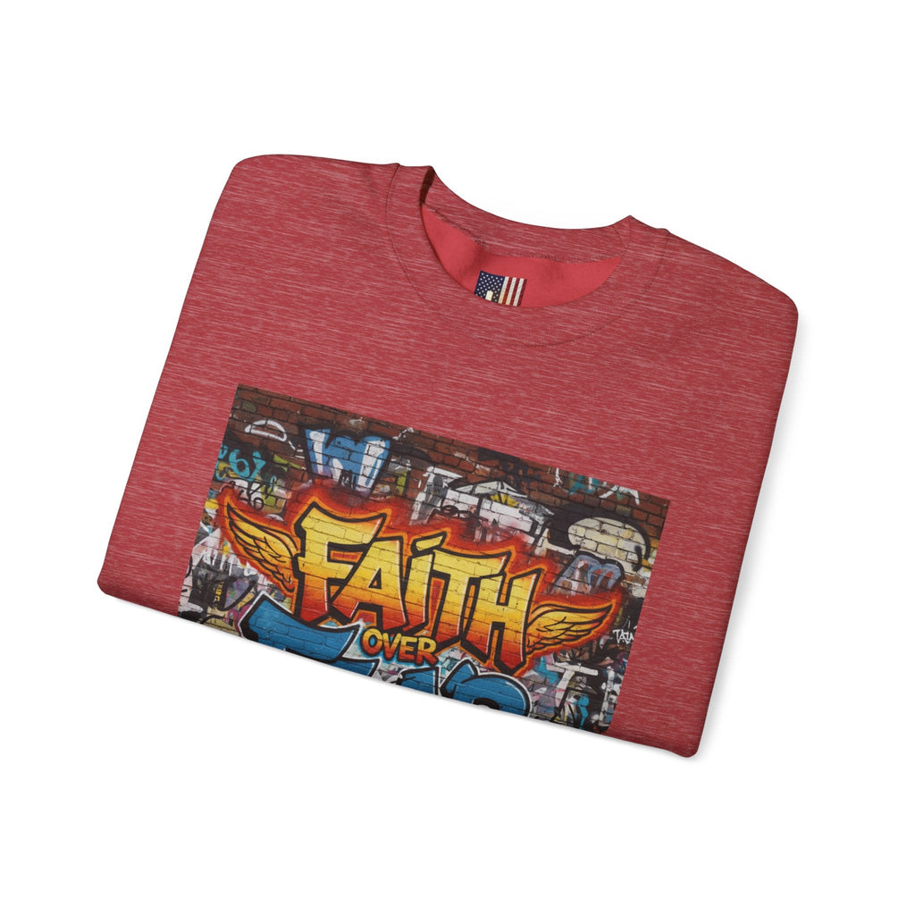 Faith Over Fear Sweatshirt – Graffiti Wall Christian Sweatshirt for Bold 2 Corinthians 5:7 Streetwear & Unshakable Faith Printify