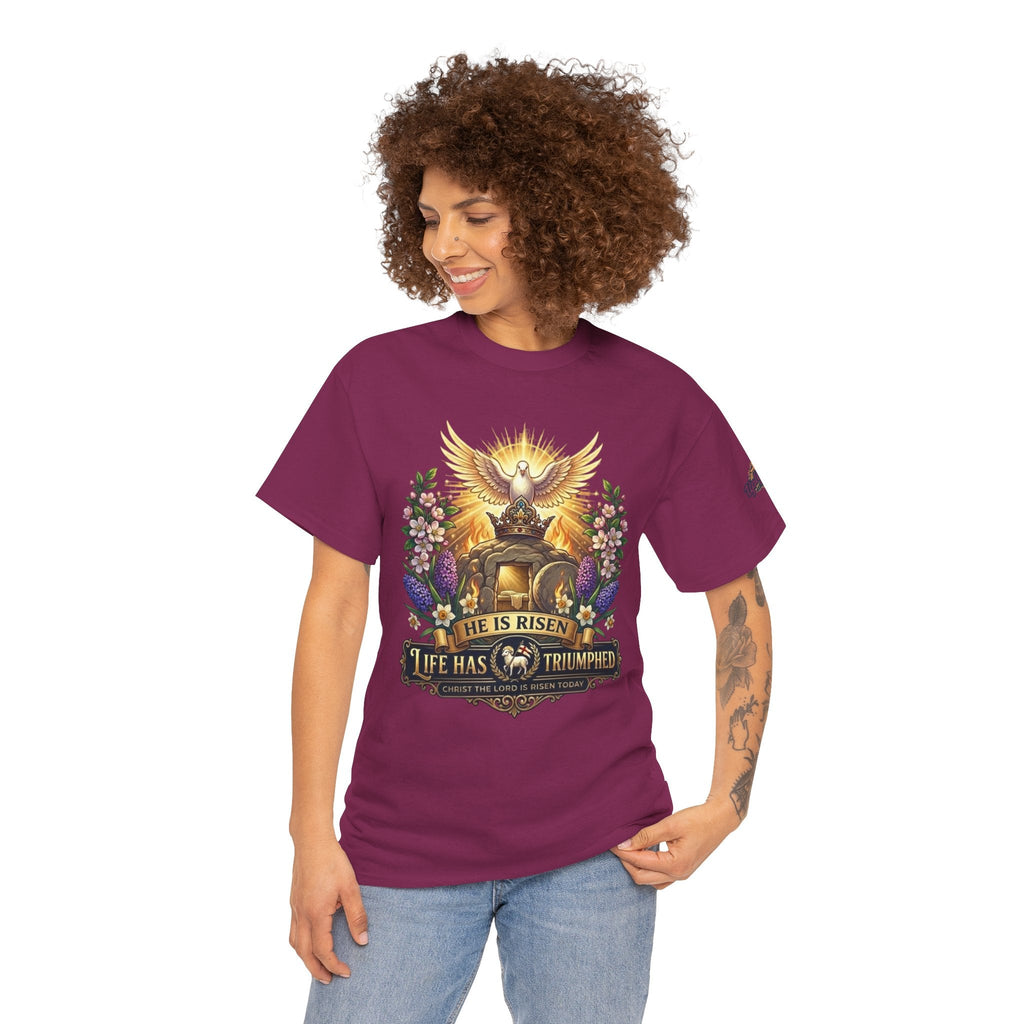 He Is Risen "Life Has Triumphed" T-Shirt — Easter Resurrection Christian Tee Printify