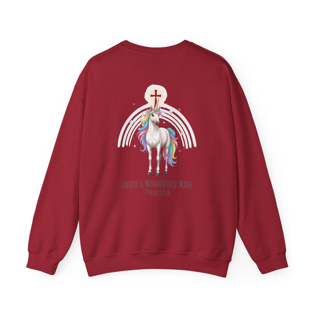 Unique Unicorn Sweatshirt – Rainbow Cross Psalm 139:14 Christian Sweatshirt for Wonderfully Made Printify