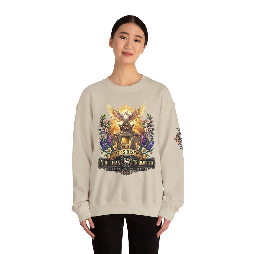 He Is Risen "Life Has Triumphed" Sweatshirt — Easter Resurrection Christian Sweatshirt Printify