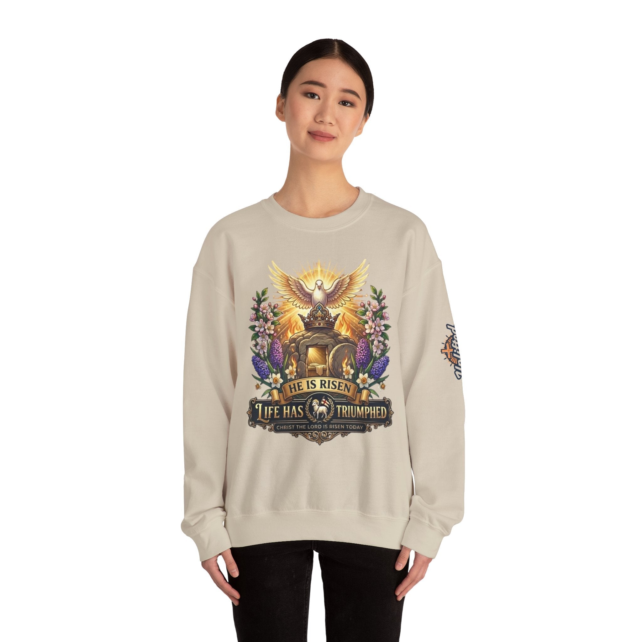 He Is Risen "Life Has Triumphed" Sweatshirt — Easter Resurrection Christian Sweatshirt Printify