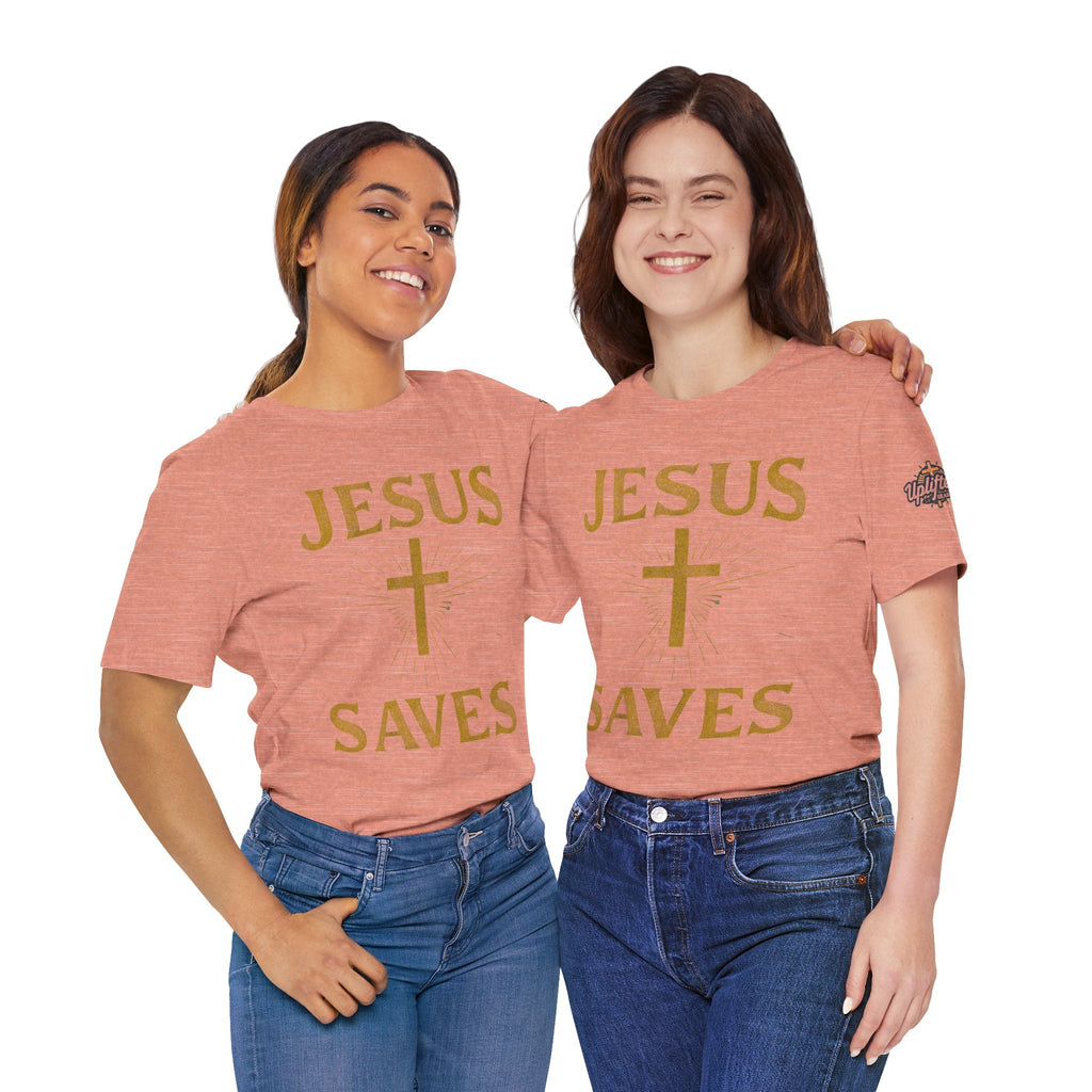 Jesus Saves T-shirt – Radiant Cross & Rays of Light Christian T-shirt for Eternal Hope & Faith Printify