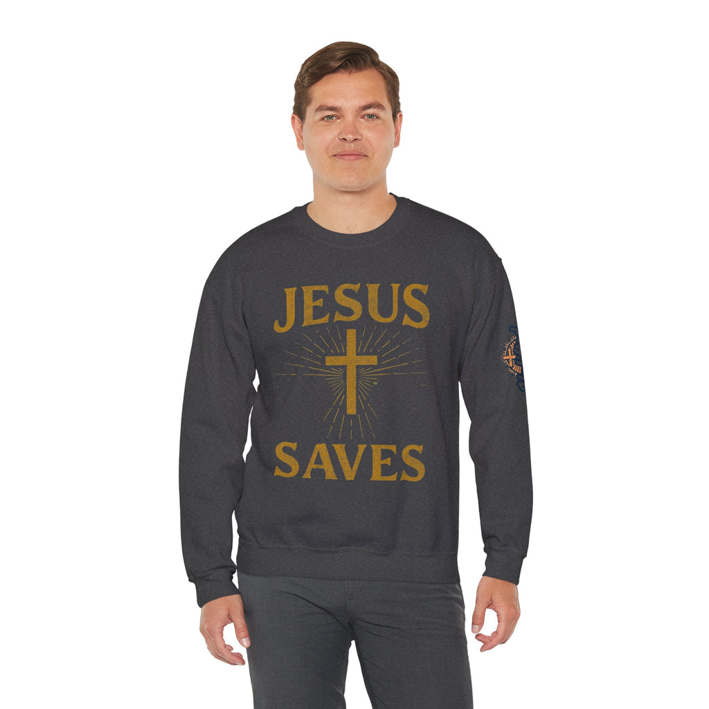 Jesus Saves Sweatshirt – Radiant Cross & Rays of Light Christian Sweatshirt for Eternal Hope & Faith Printify