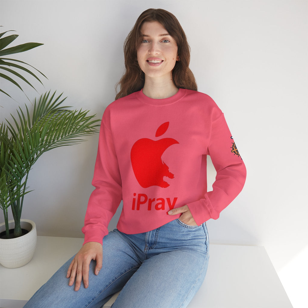 iPray Apple Logo Sweatshirt — Funny Christian Sweatshirt (Minimal Red Apple Graphic) Printify
