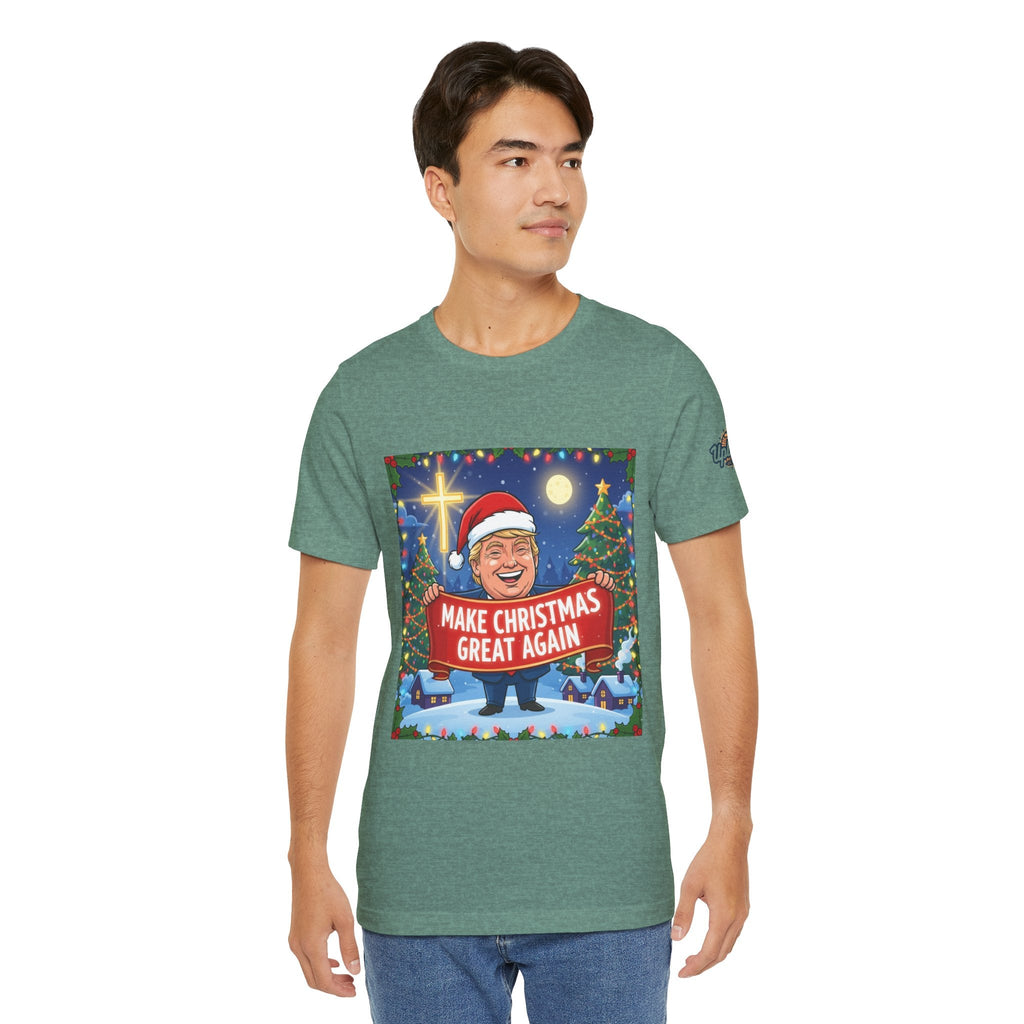 🎄 Make Christmas Great Again – Patriotic Christian Christmas T-Shirt | Bold Holiday Faith Tee | Red & White Banner Design | Uplifted Gear Printify