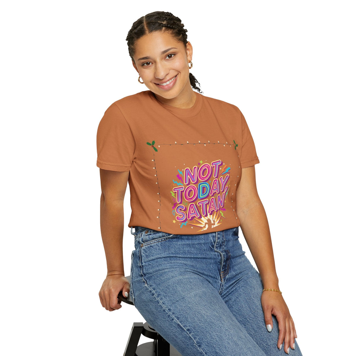 🔥 Not Today, Satan – Retro 90s Christian T-Shirt | Neon Faith Tee | Funky Cartoon Devil | Bold Bible Verse Shirt | Uplifted Gear Printify
