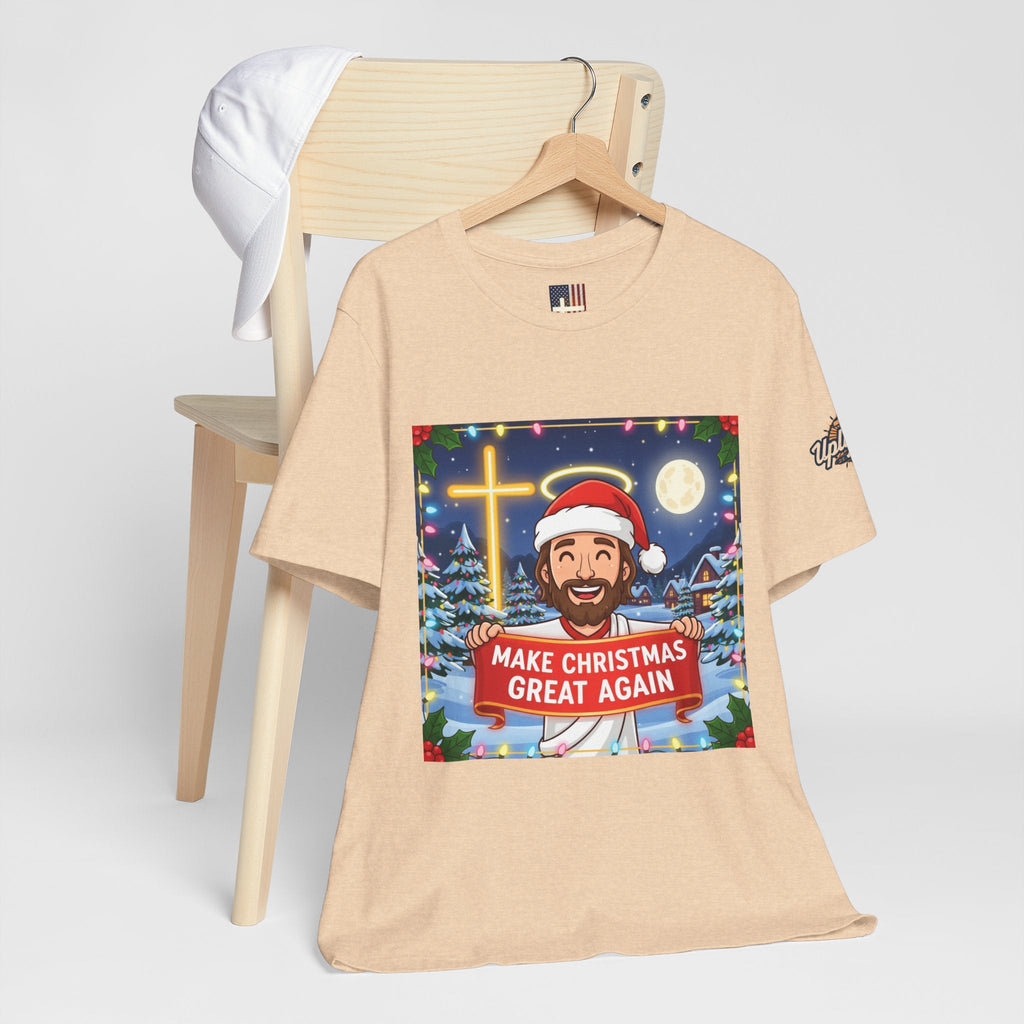 🎄 Make Christmas Great Again – Funny Christian T-Shirt | Jesus Holding Banner | Faith-Based Holiday Parody Tee | Uplifted Gear Printify