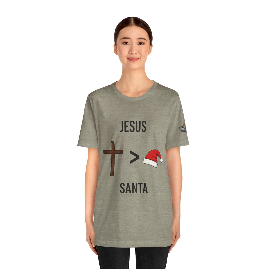 🎄 Jesus > Santa – Minimalist Christian Christmas T-Shirt | Bold Faith Over Holiday Tee | Cross vs Santa Hat Design | Uplifted Gear Printify