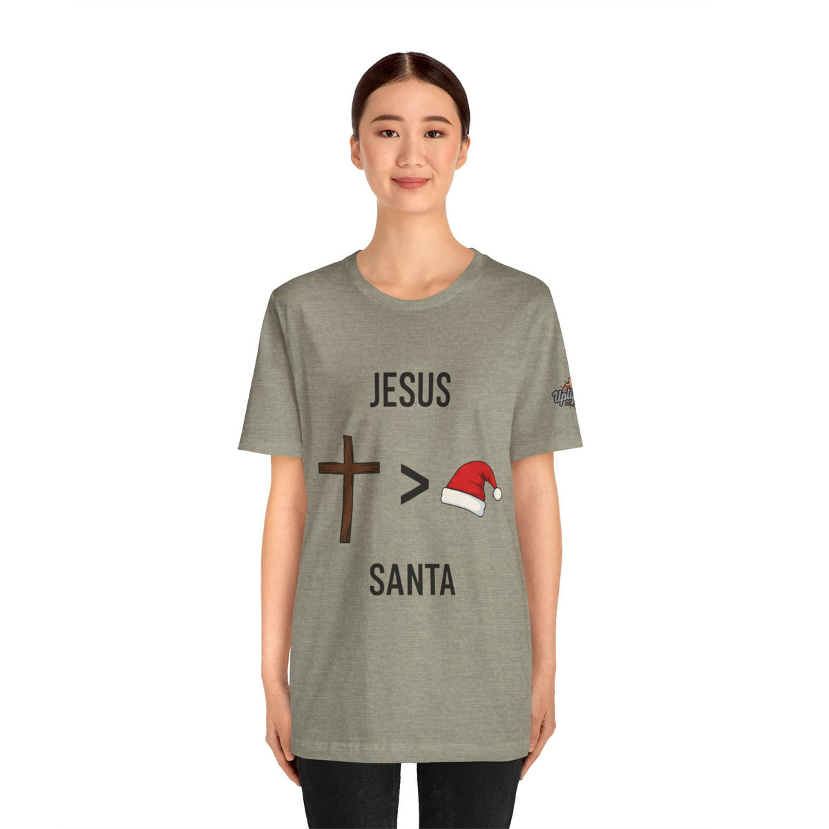 🎄 Jesus > Santa – Minimalist Christian Christmas T-Shirt | Bold Faith Over Holiday Tee | Cross vs Santa Hat Design | Uplifted Gear Printify