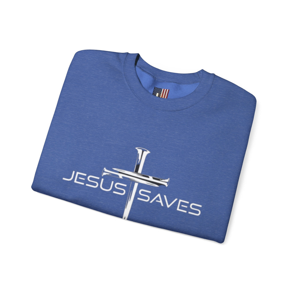 Jesus Saves Sweatshirt – 3 Nails Crucifix Cross Christian Sweatshirt for Redemption Faith & Bold Salvation Printify