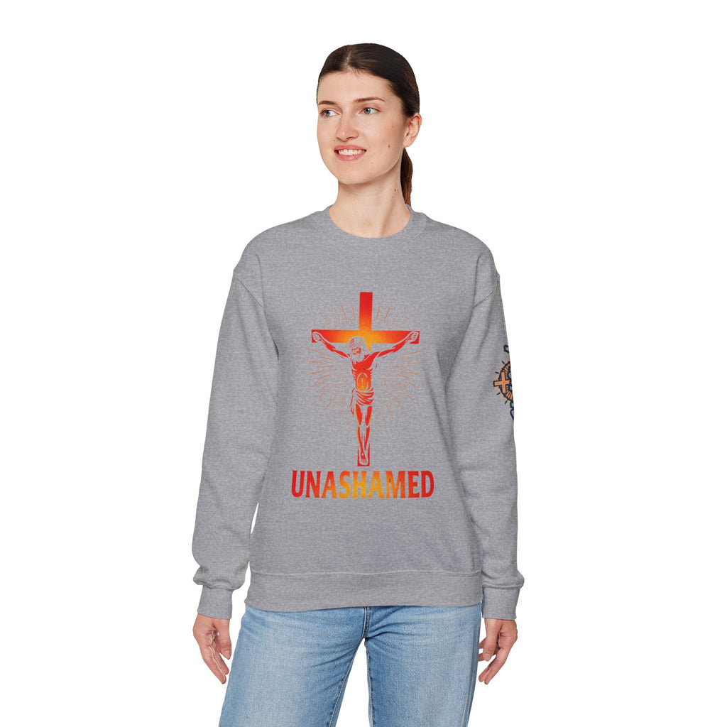Unashamed Sweatshirt – Romans 1:16 Crucifixion Christian Sweatshirt for Bold Unwavering Faith Printify