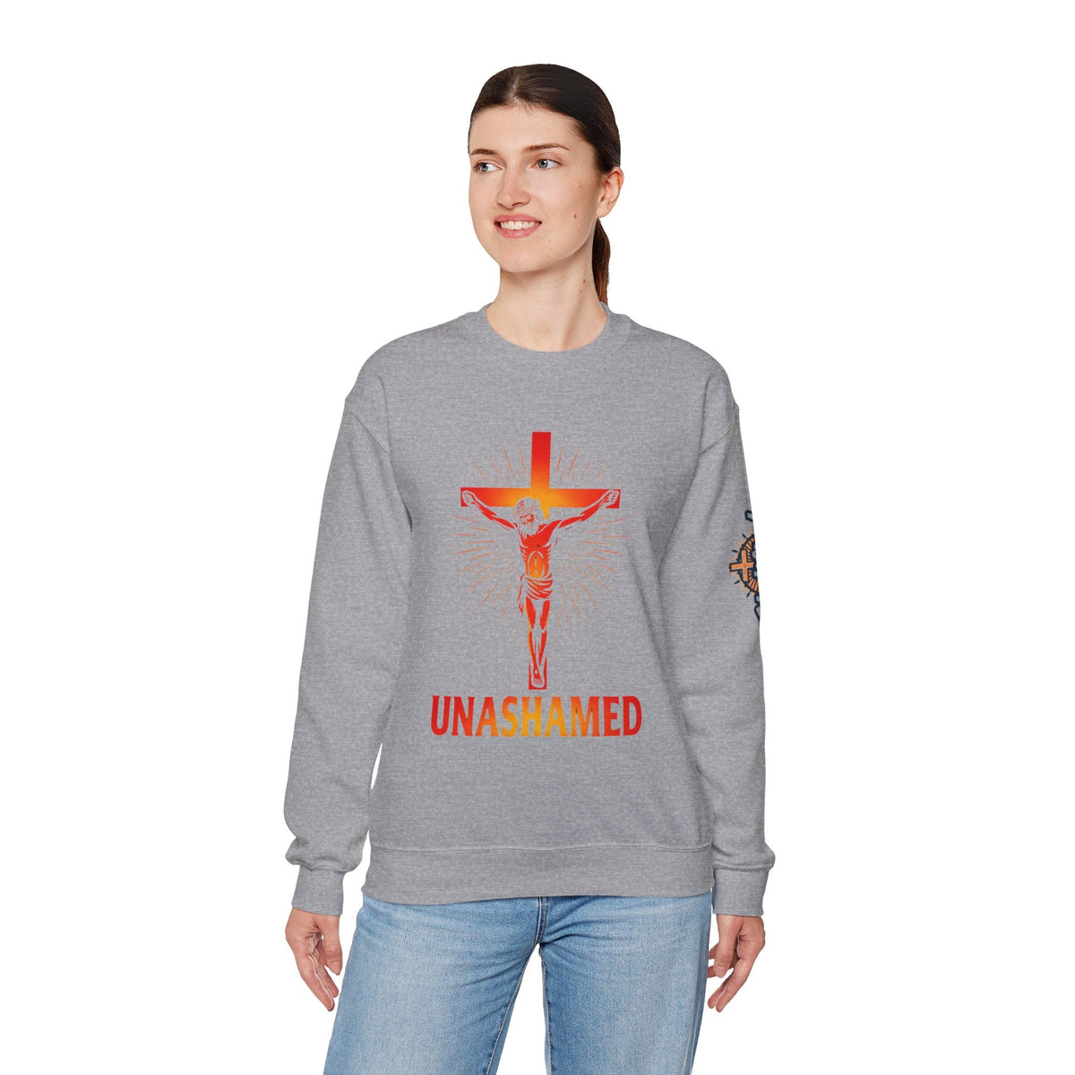 Unashamed Sweatshirt – Romans 1:16 Crucifixion Christian Sweatshirt for Bold Unwavering Faith Printify