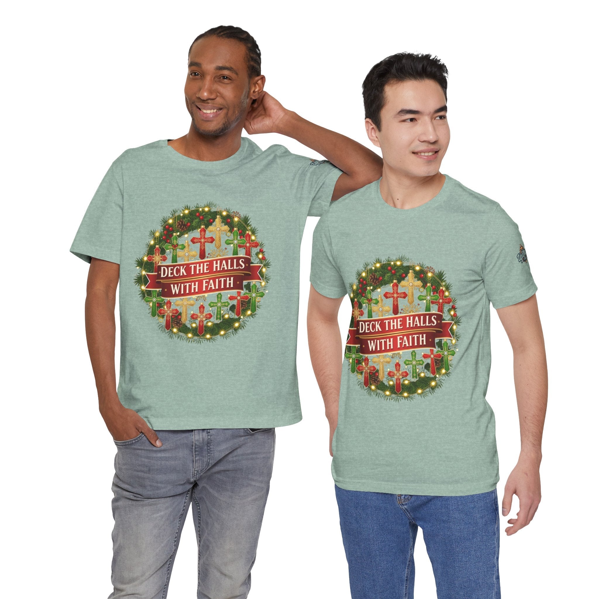 🎄 Deck the Halls with Faith – Christian Christmas T-Shirt | Cross Ornament Design & Festive Garland | Bold Holiday Faith Tee by Uplifted Gear Printify