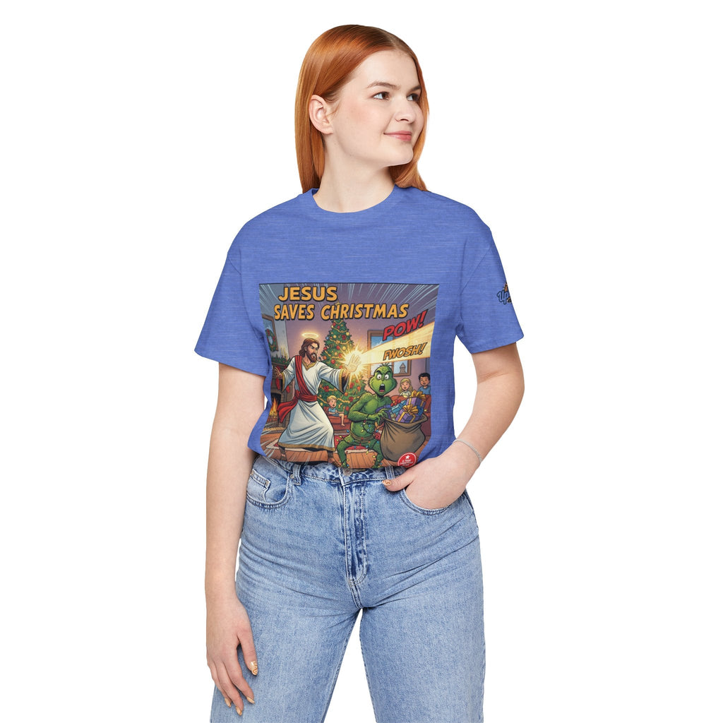 Jesus Saves Christmas T-shirt – Grinch vs Savior Light Battle Christian T-shirt for Hilarious Holiday Faith & True Joy Printify