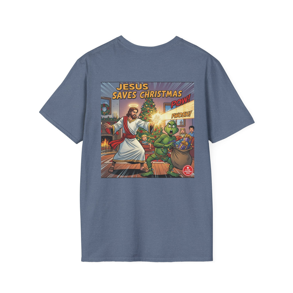 Jesus Saves Christmas T-shirt – Grinch vs Savior Light Battle Christian T-shirt for Hilarious Holiday Faith & True Joy Printify