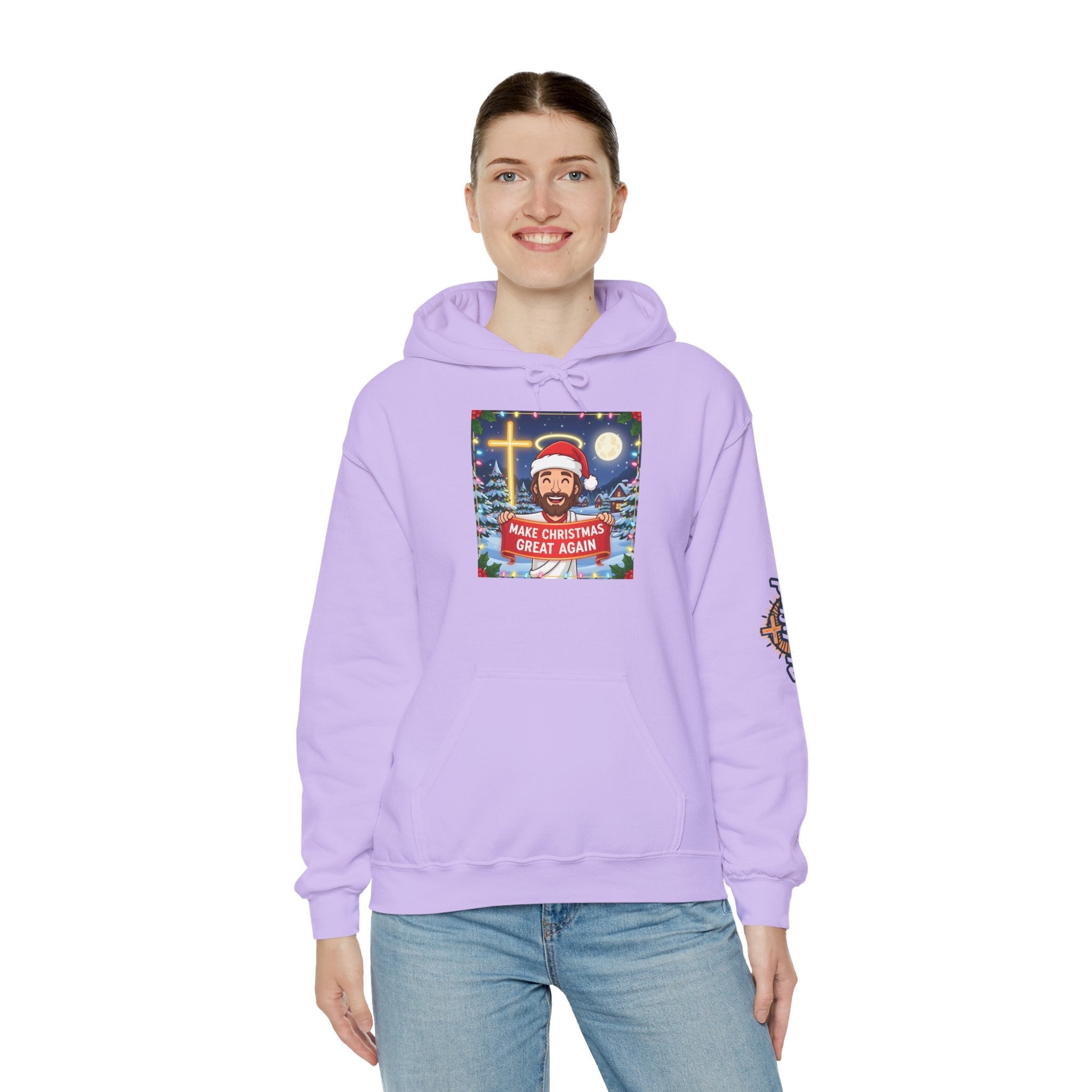 🎄 Make Christmas Great Again – Funny Christian Hoodie | Jesus Holding Banner | Faith-Based Holiday Parody Tee | Uplifted Gear Printify