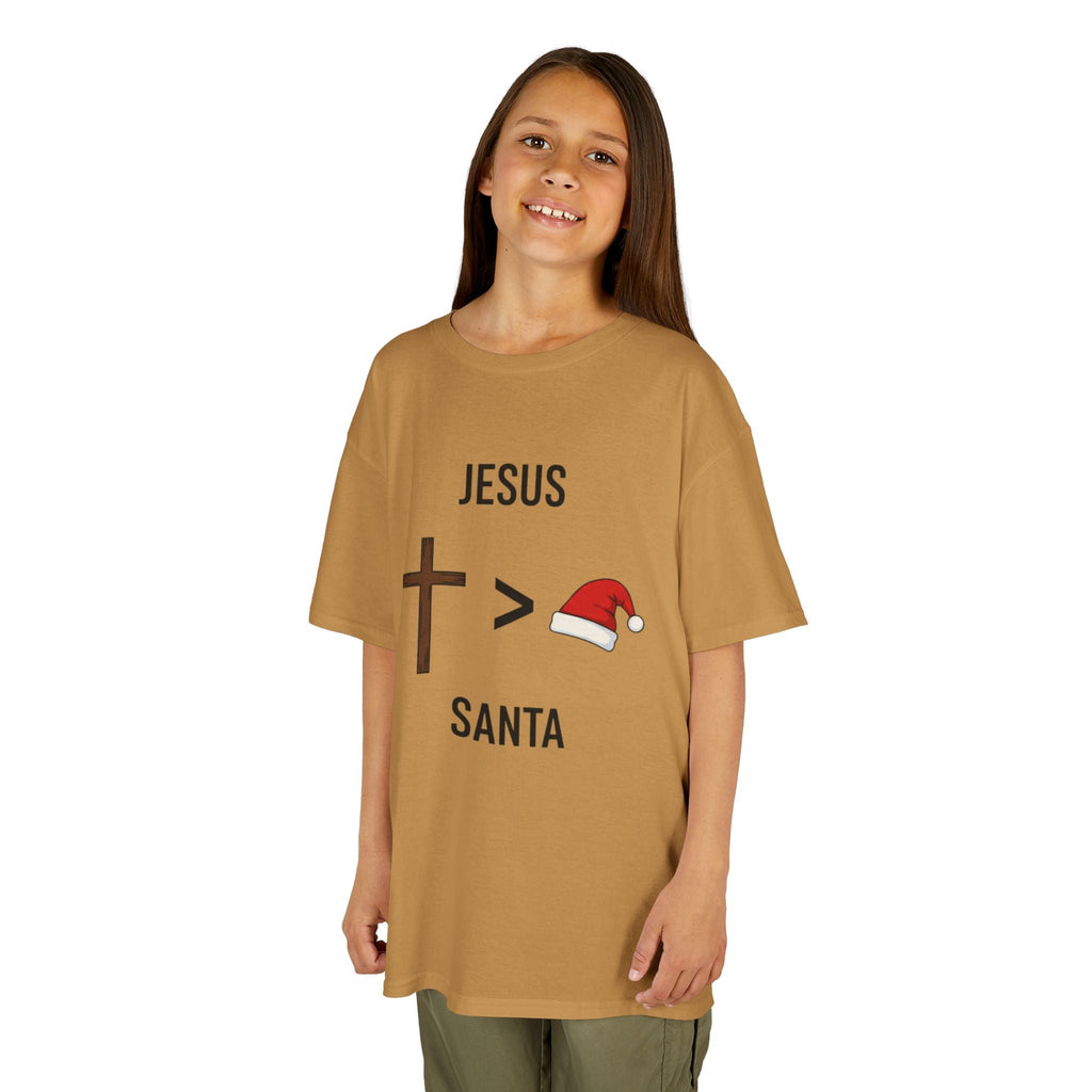 🎄 Jesus > Santa – Minimalist Christian Christmas Kids T-Shirt | Bold Faith Over Holiday Tee | Cross vs Santa Hat Design | Uplifted Gear Printify