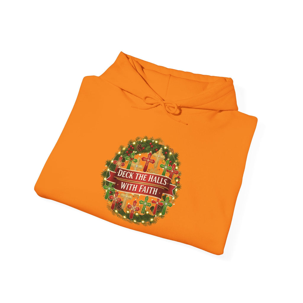 🎄 Deck the Halls with Faith – Christian Christmas Hoodie | Cross Ornament Design & Festive Garland | Bold Holiday Faith Tee by Uplifted Gear Printify