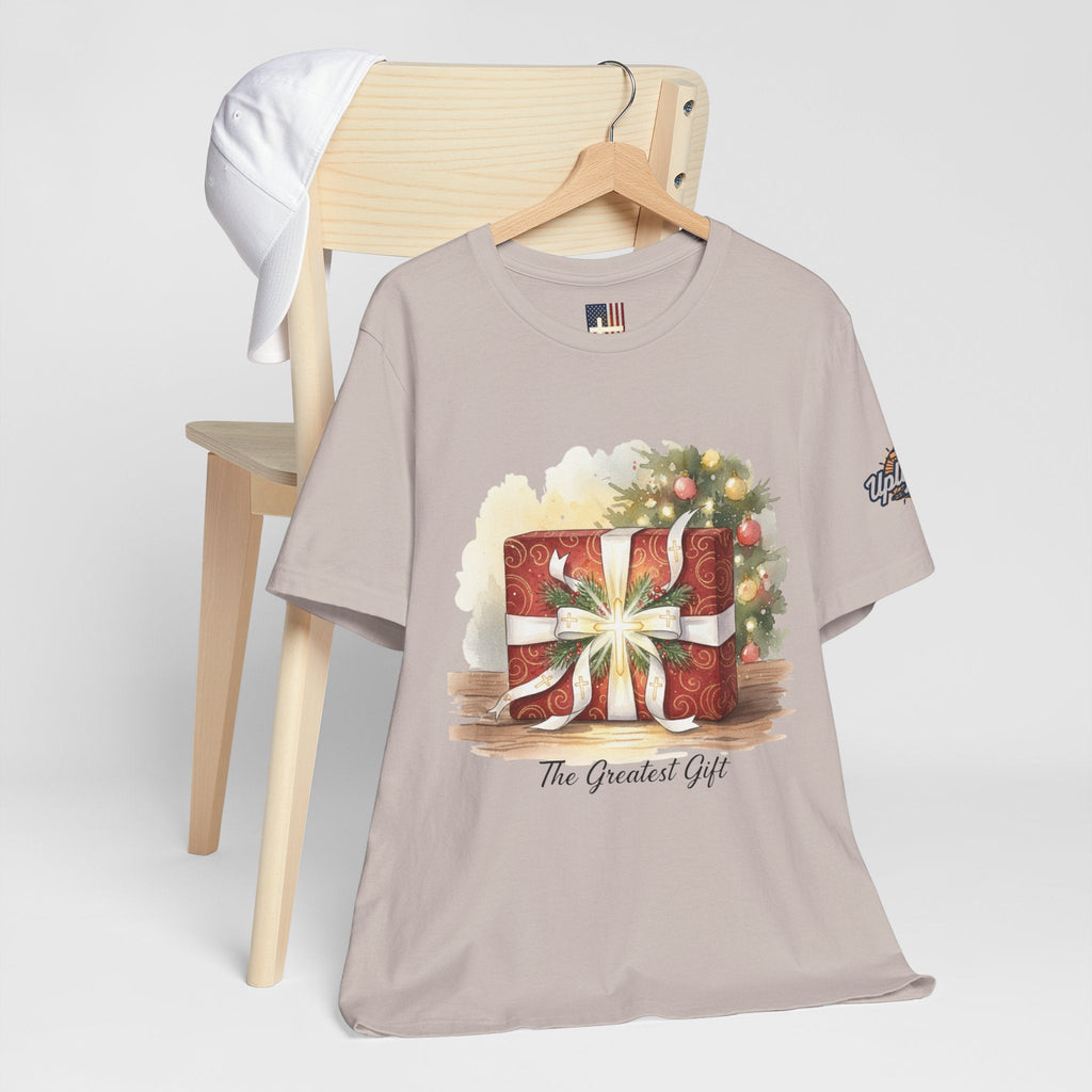 The Greatest Gift T-shirt – Cross Bow Present Christian T-shirt for Christmas Salvation & Eternal Faith Printify