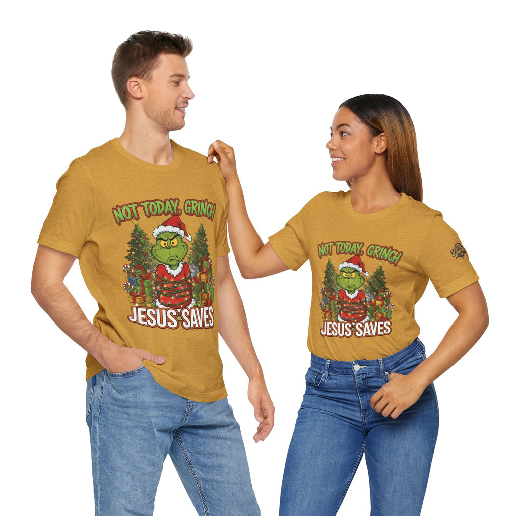 🎄 Not Today, Grinch – Jesus Saves | Funny Christian Christmas T-Shirt | Sulking Grinch & Glowing Cross | Bold Neon Faith Tee by Uplifted Gear Printify