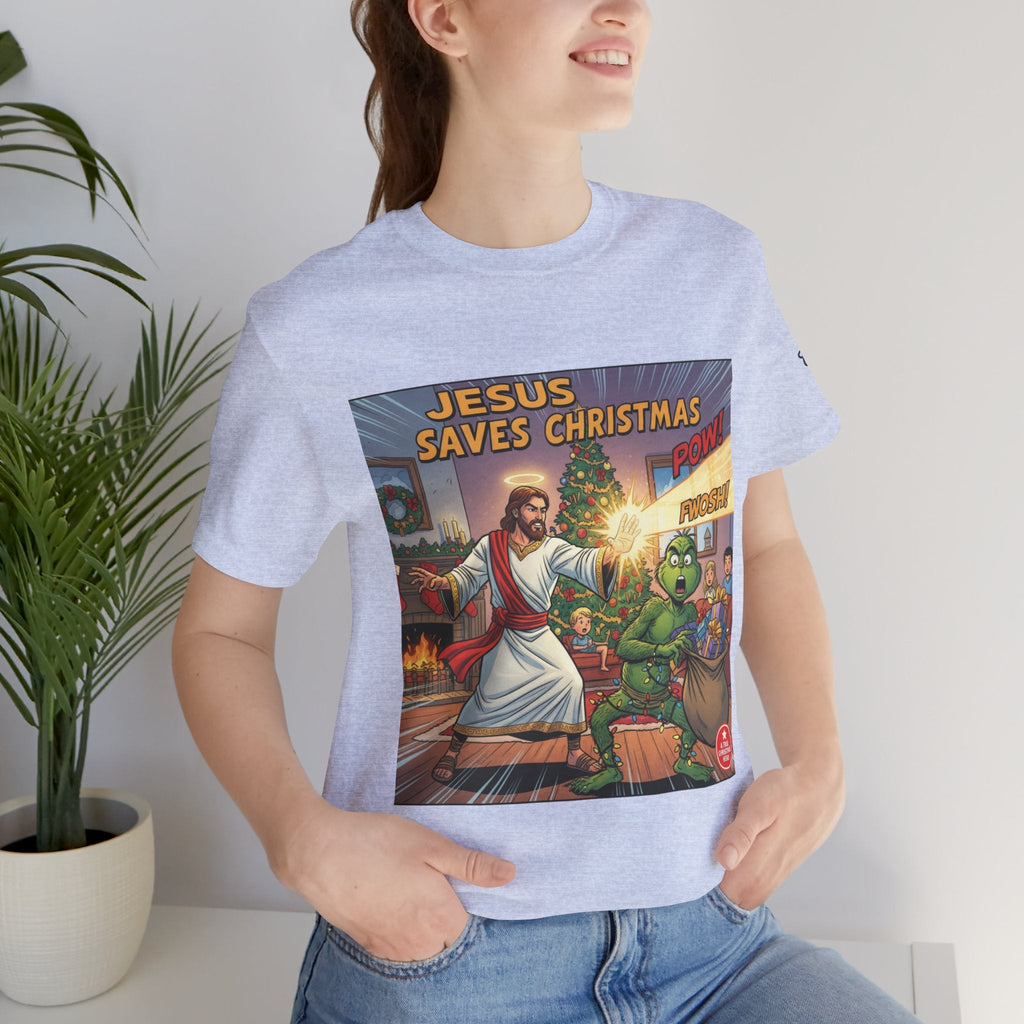 Jesus Saves Christmas T-shirt – Grinch vs Savior Light Battle Christian T-shirt for Hilarious Holiday Faith & True Joy Printify