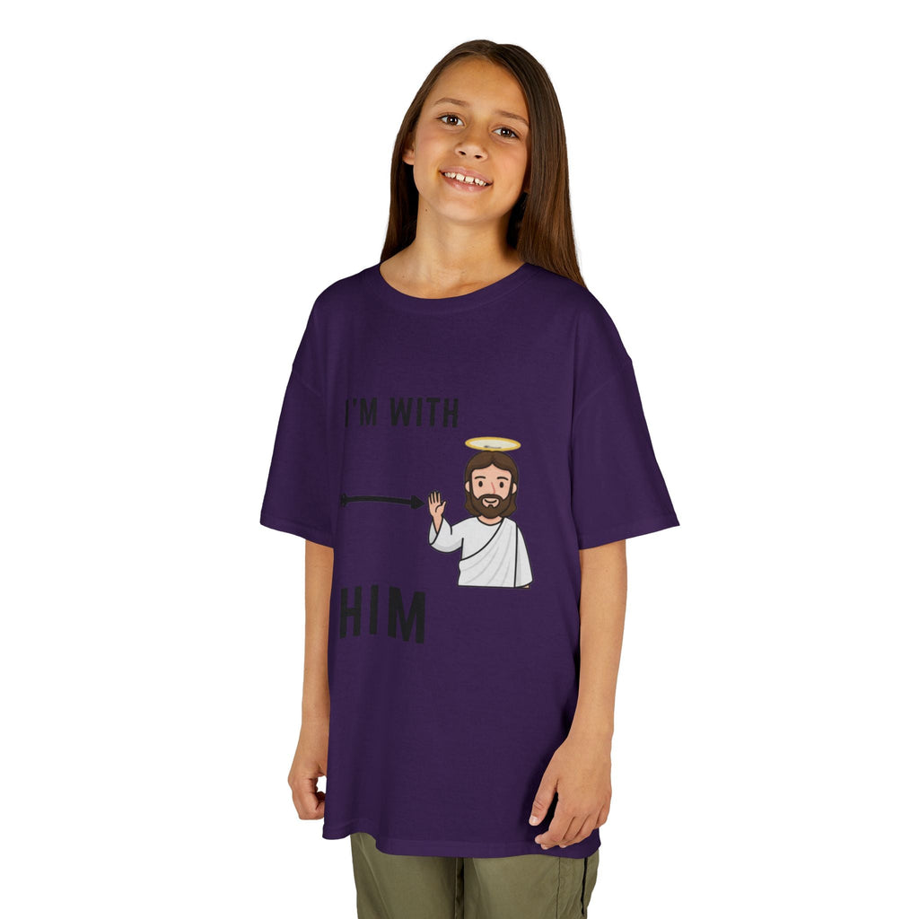 🔥 I’m With Him → Christian Kids T-Shirt | Arrow Pointing to Jesus | Minimalist Faith Tee | Subtle Cross Design | Bible-Inspired Apparel by Uplifted Gear Printify