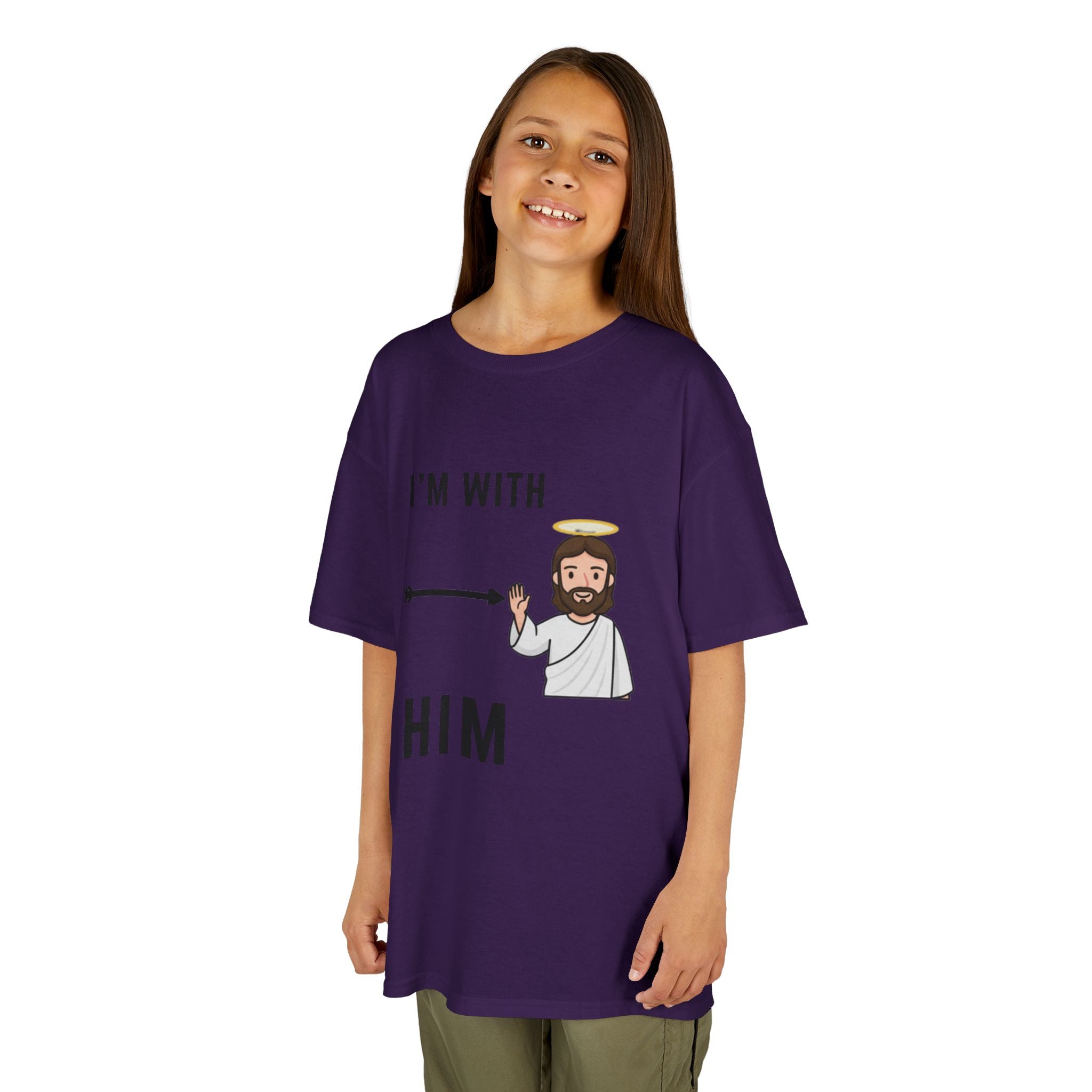 🔥 I’m With Him → Christian Kids T-Shirt | Arrow Pointing to Jesus | Minimalist Faith Tee | Subtle Cross Design | Bible-Inspired Apparel by Uplifted Gear Printify