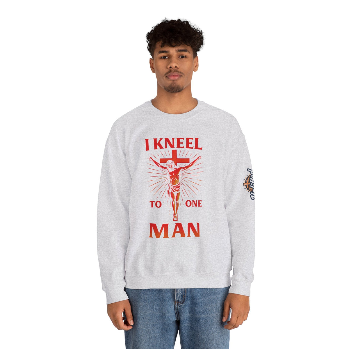 I Kneel to One Man Sweatshirt – Crucifixion Christian Sweatshirt for Unashamed Devotion & Bold Faith Printify