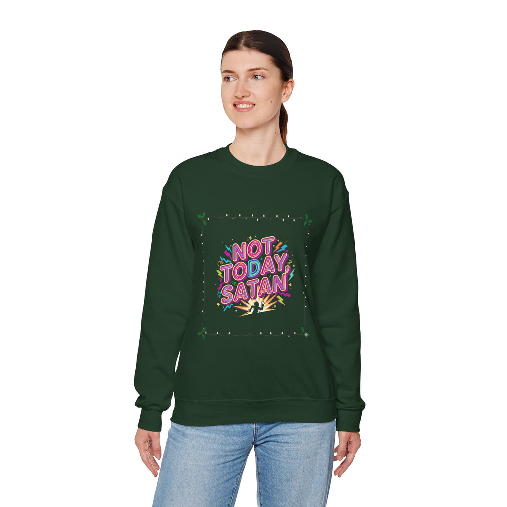 🔥 Not Today, Satan – Retro 90s Christian Sweatshirt | Neon Faith Tee | Funky Cartoon Devil | Bold Bible Verse Shirt | Uplifted Gear Printify