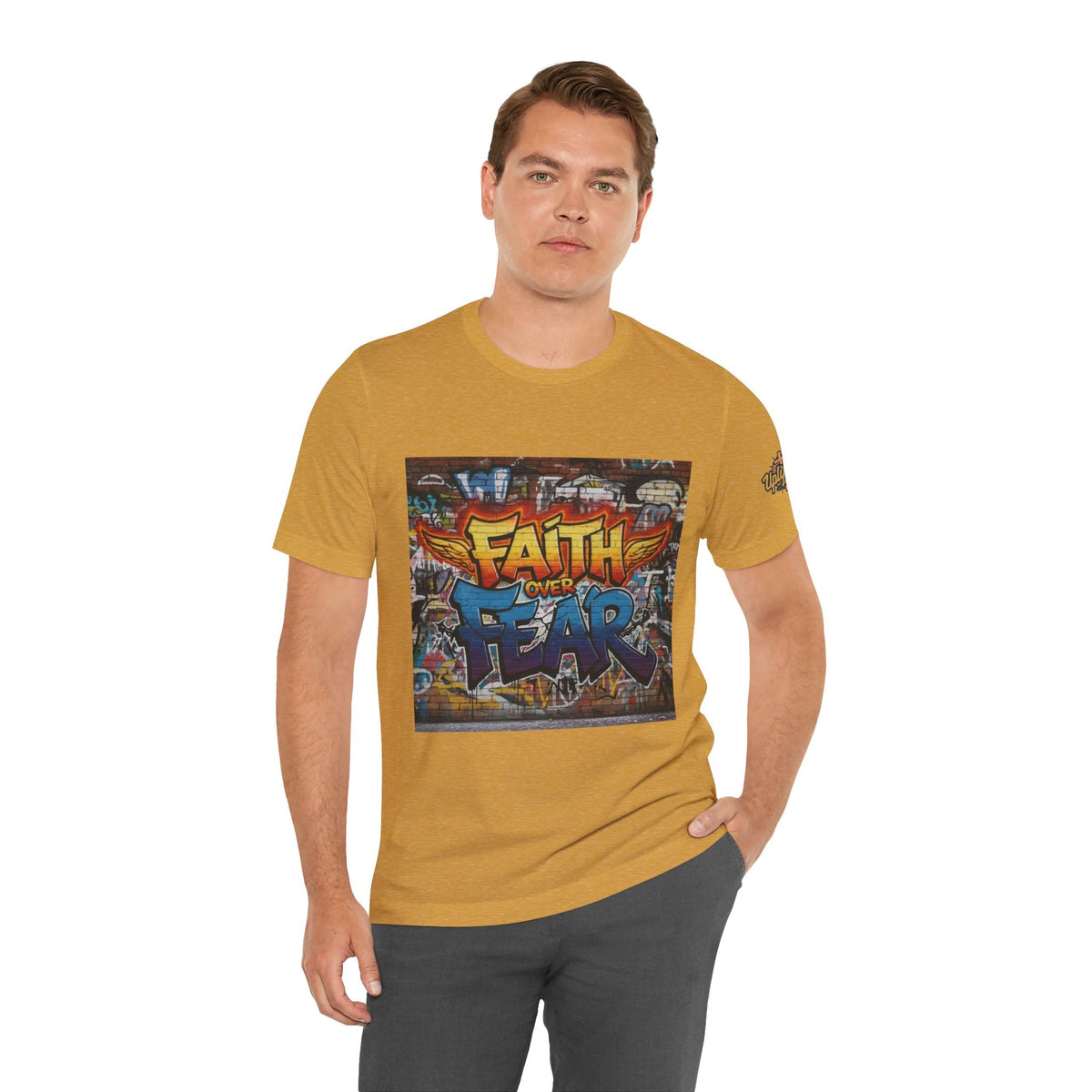 Faith Over Fear T-shirt – Graffiti Wall Christian T-shirt for Bold 2 Corinthians 5:7 Streetwear & Unshakable Faith Printify
