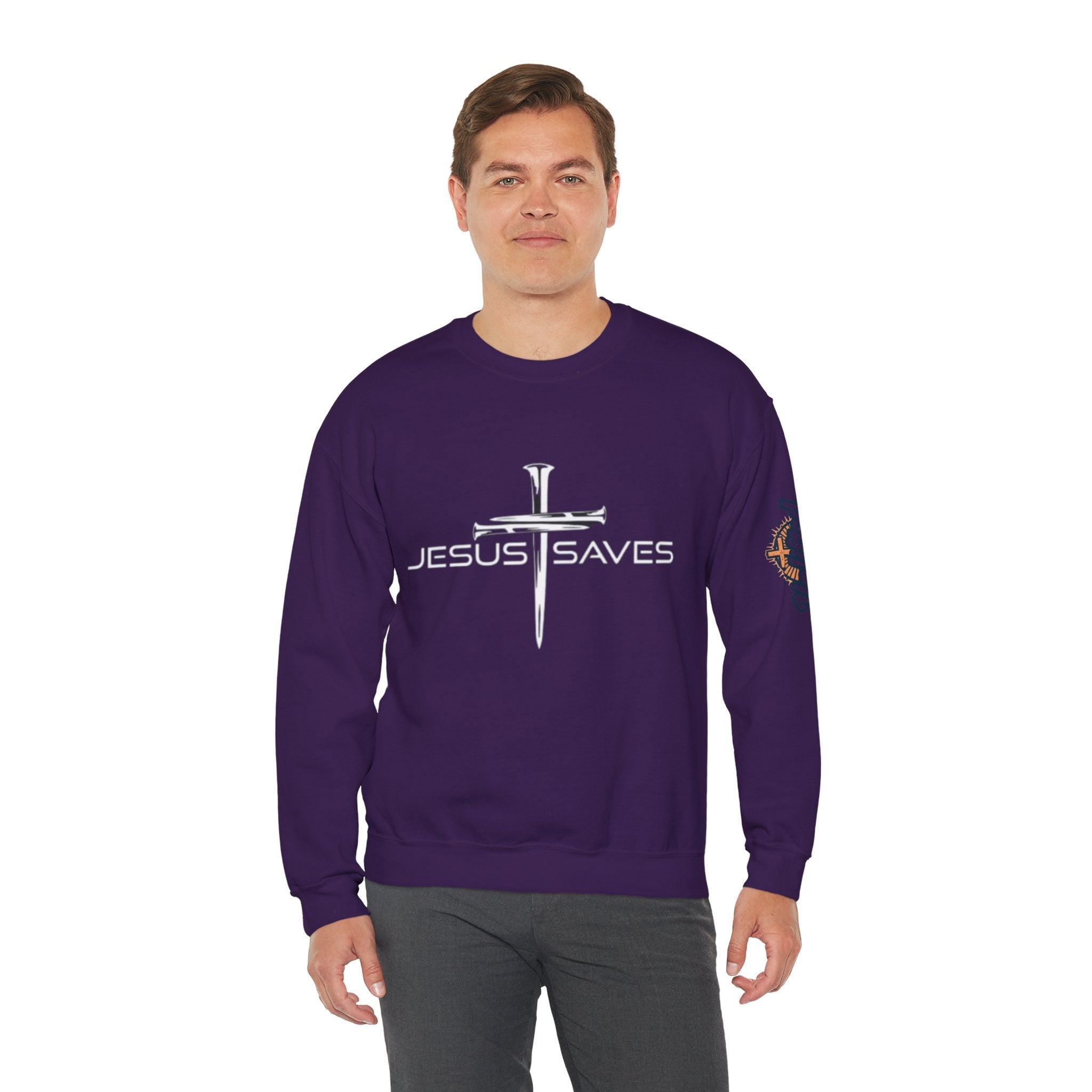 Jesus Saves Sweatshirt – 3 Nails Crucifix Cross Christian Sweatshirt for Redemption Faith & Bold Salvation Printify
