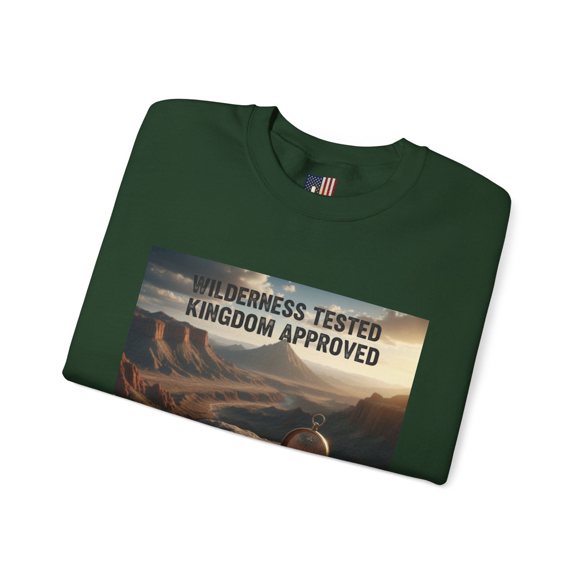 Wilderness Tested Kingdom Approved Sweatshirt – Mountain Desert Compass Crown Christian Sweatshirt for Biblical Adventure Faith Printify