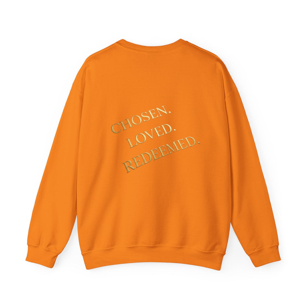 ✨ Chosen. Loved. Redeemed. – Elegant Christian Sweatshirt | Gold Foil Faith Tee | Subtle Cross & Heart Design | Inspirational Bible Verse Apparel by Uplifted Gear Printify