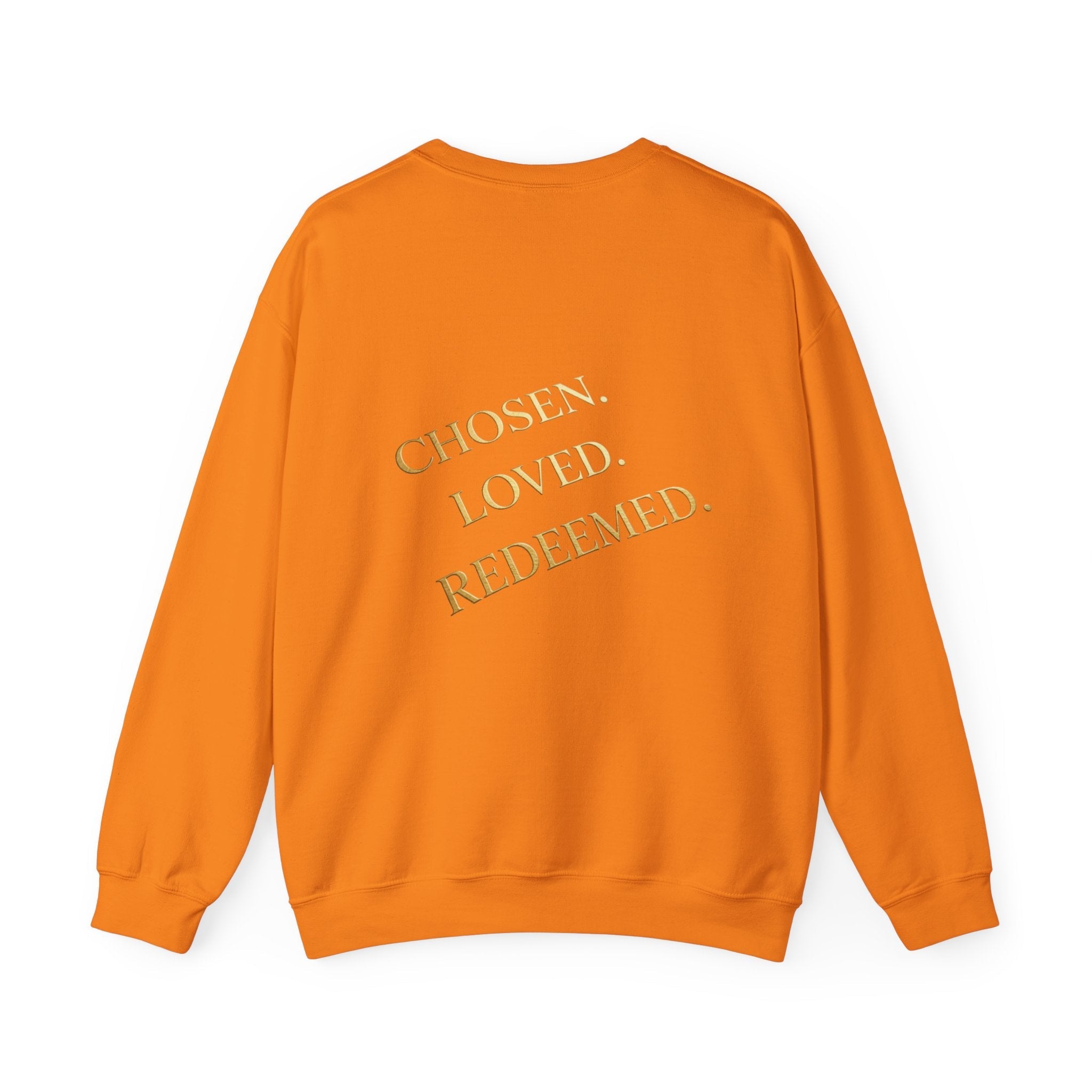 ✨ Chosen. Loved. Redeemed. – Elegant Christian Sweatshirt | Gold Foil Faith Tee | Subtle Cross & Heart Design | Inspirational Bible Verse Apparel by Uplifted Gear Printify