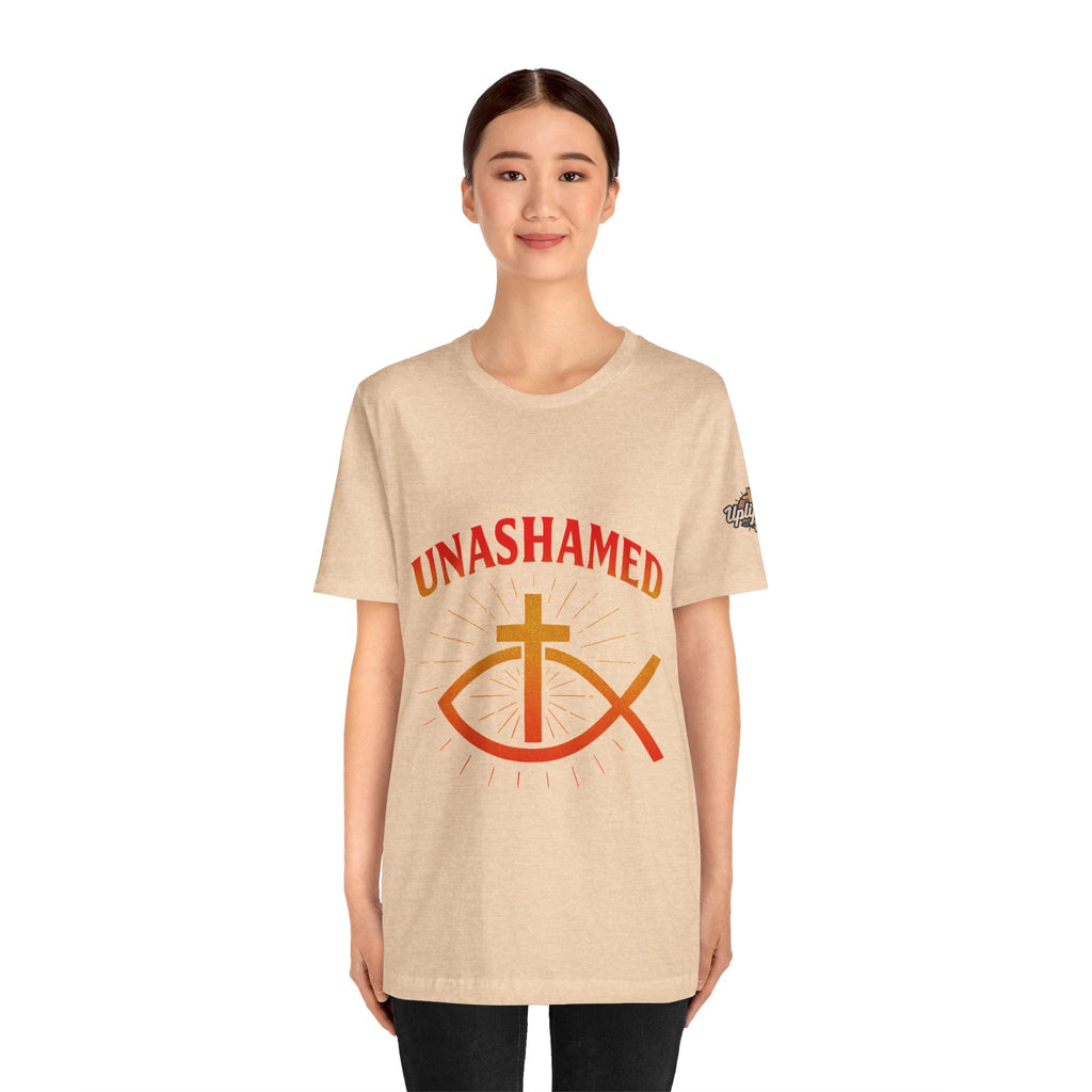 Unashamed T-shirt – Ichthys Jesus Fish & Cross Christian T-shirt for Romans 1:16 Bold Faith Printify