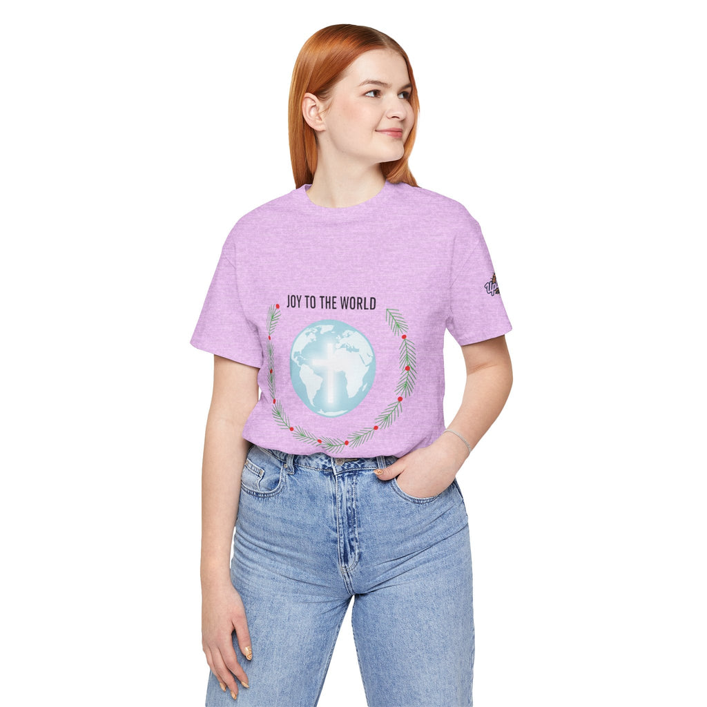 Joy to the World T-shirt – Wreath Earth Nativity Christian Christmas T-shirt for Isaiah 9:6 Holiday Faith & Festive Joy Printify