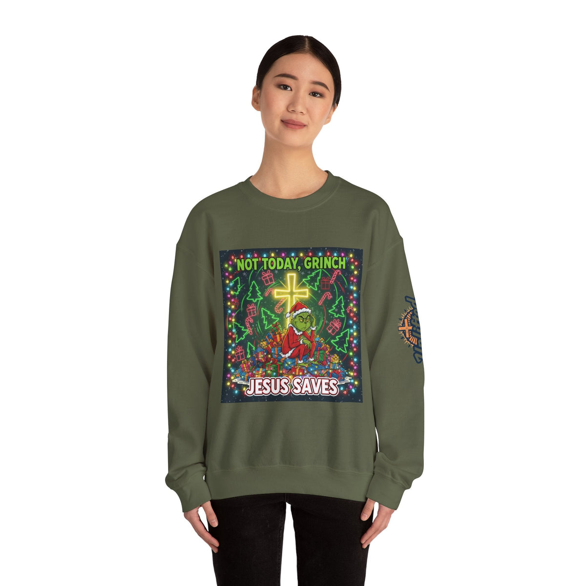 🎄 Not Today, Grinch – Jesus Saves | Funny Christian Christmas Sweatshirt | Festive Green & Red Cartoon Style | Bold Faith Holiday Tee by Uplifted Gear Printify